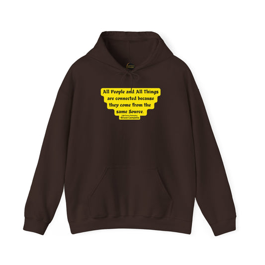 A brown unisex hooded sweatshirt with a kangaroo pocket and color-matched drawstring. Made of 50% cotton and 50% polyester for warmth and comfort. Ethically produced by Gildan.