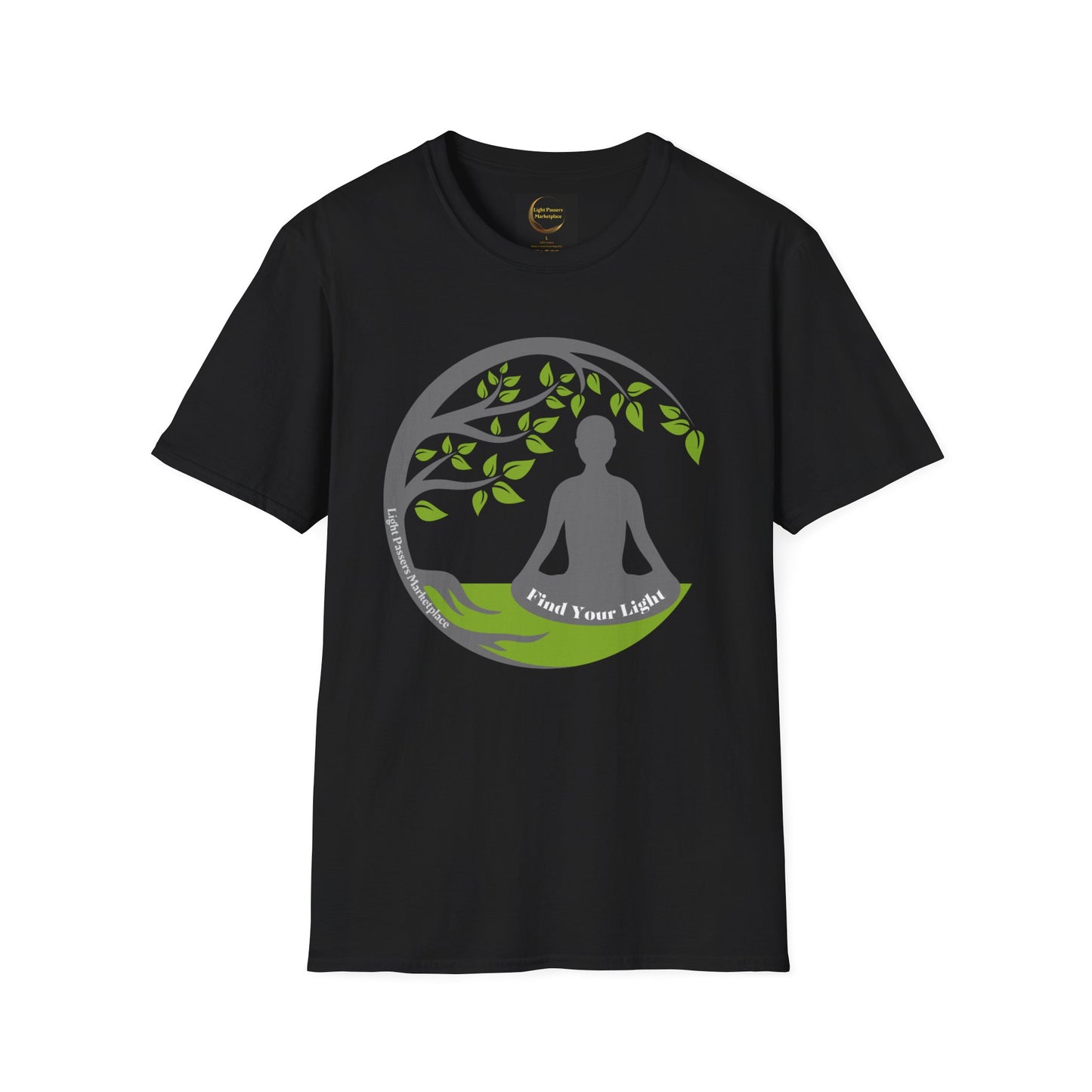 A black unisex t-shirt featuring a person meditating in a circle graphic design. Made of soft 100% cotton with twill tape shoulders and ribbed collar for durability. Ethically sourced and Oeko-Tex certified.