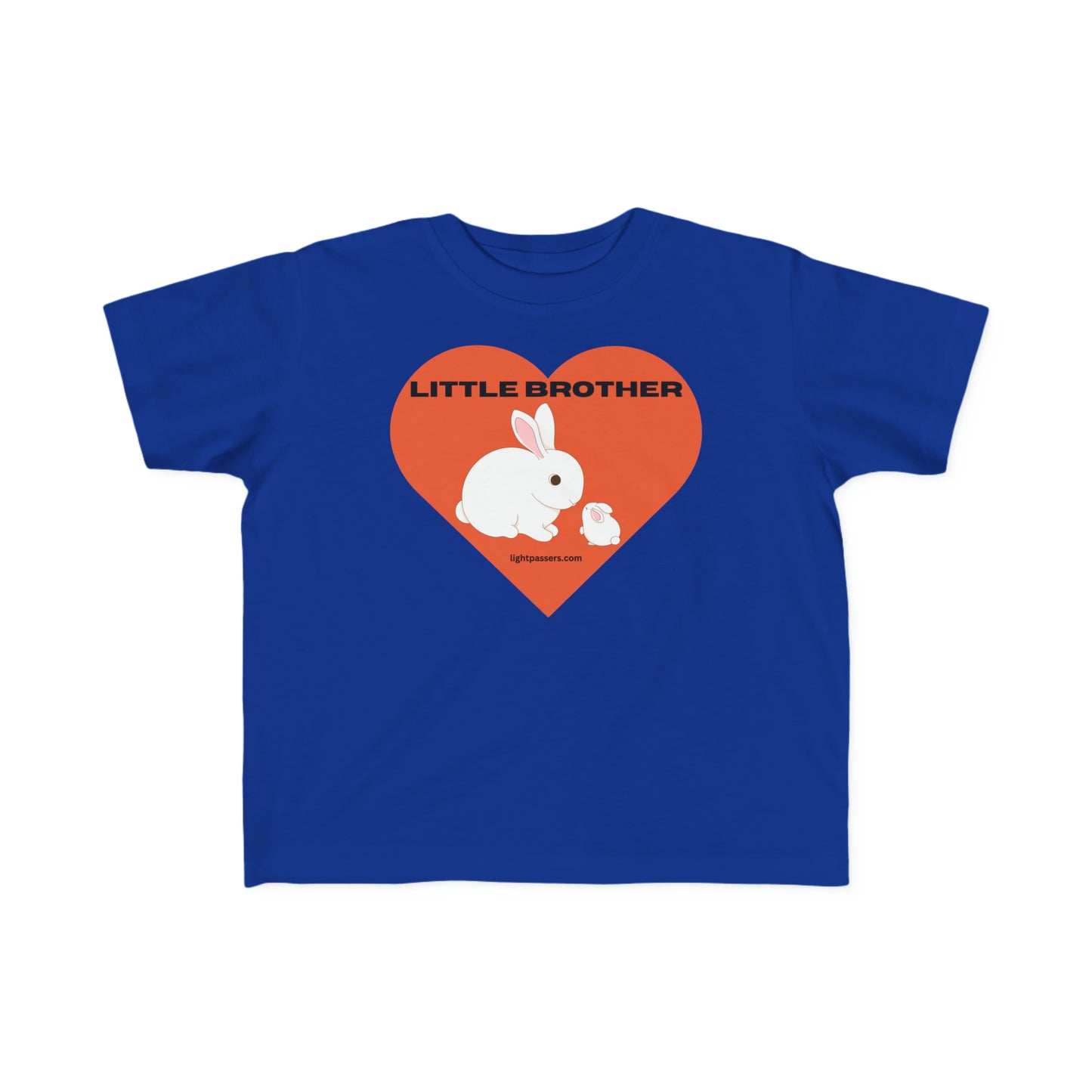 A toddler's tee featuring a white rabbit and heart design on a blue shirt. Made of soft, durable 100% combed cotton for sensitive skin. Classic fit, tear-away label, lightweight fabric.