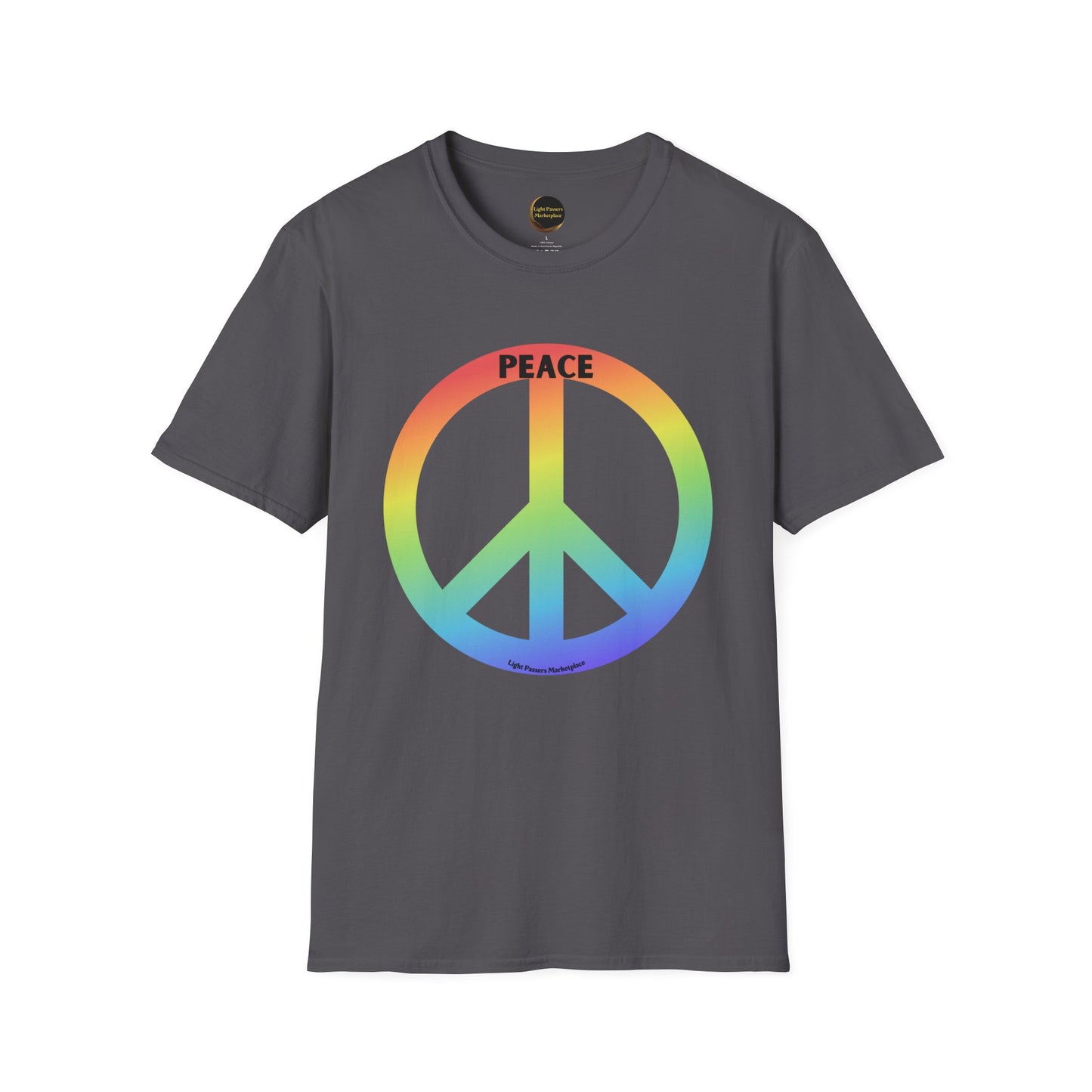 A grey unisex t-shirt featuring a peace sign design, made of soft 100% cotton with twill tape shoulders and no side seams. Lightweight and versatile for year-round comfort. Ethically sourced and Oeko-Tex certified.