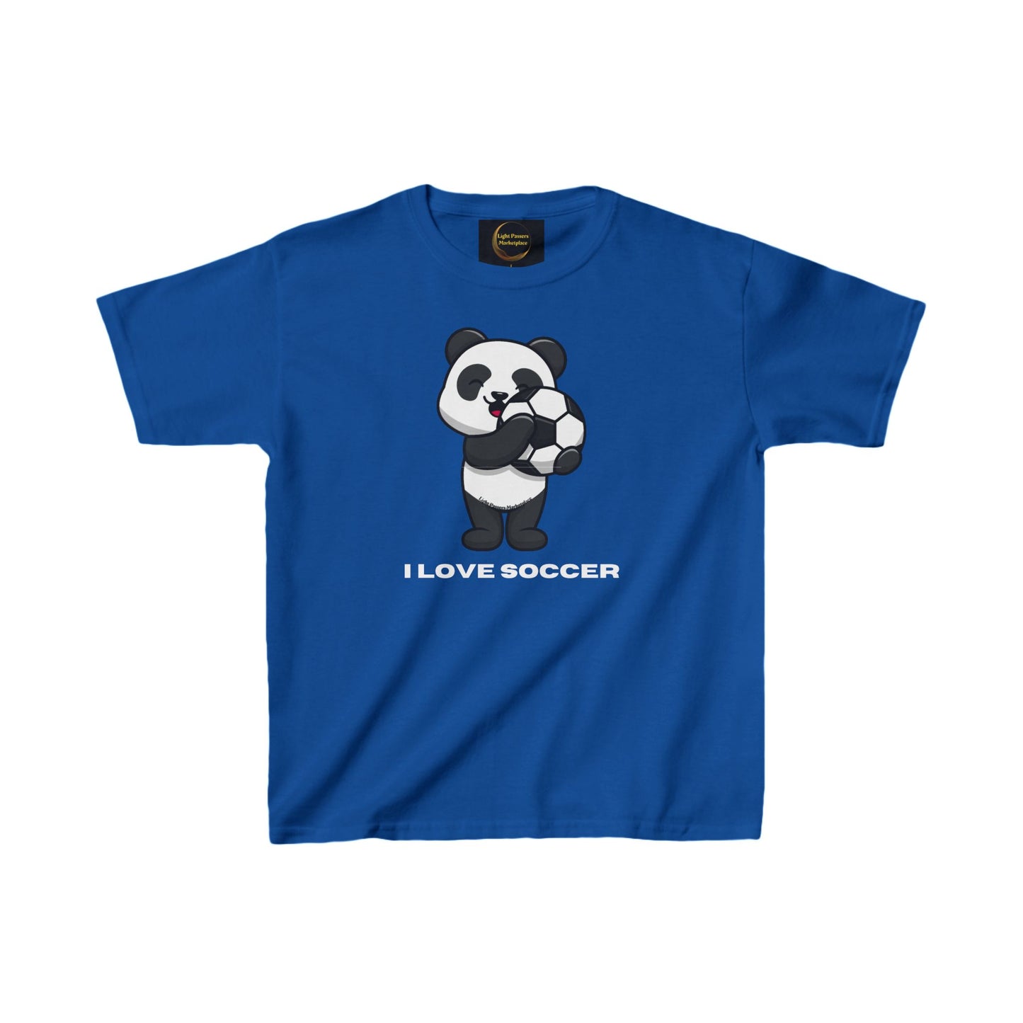 Teams Panda I Love Soccer Youth T-shirt featuring a cartoon panda holding a soccer ball, crafted from 100% midweight US cotton with a ribbed knit collar.