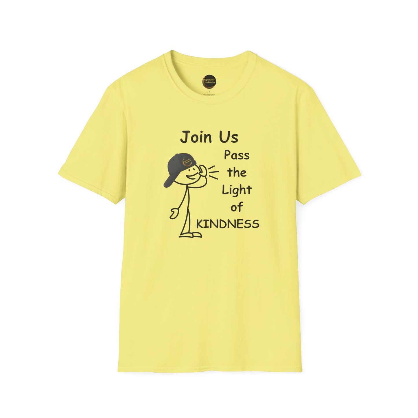 A yellow unisex t-shirt featuring a cartoon character with a hat. Made of soft 100% ring-spun cotton, with twill tape shoulders for durability and a ribbed collar. Ethically sourced and Oeko-Tex certified.