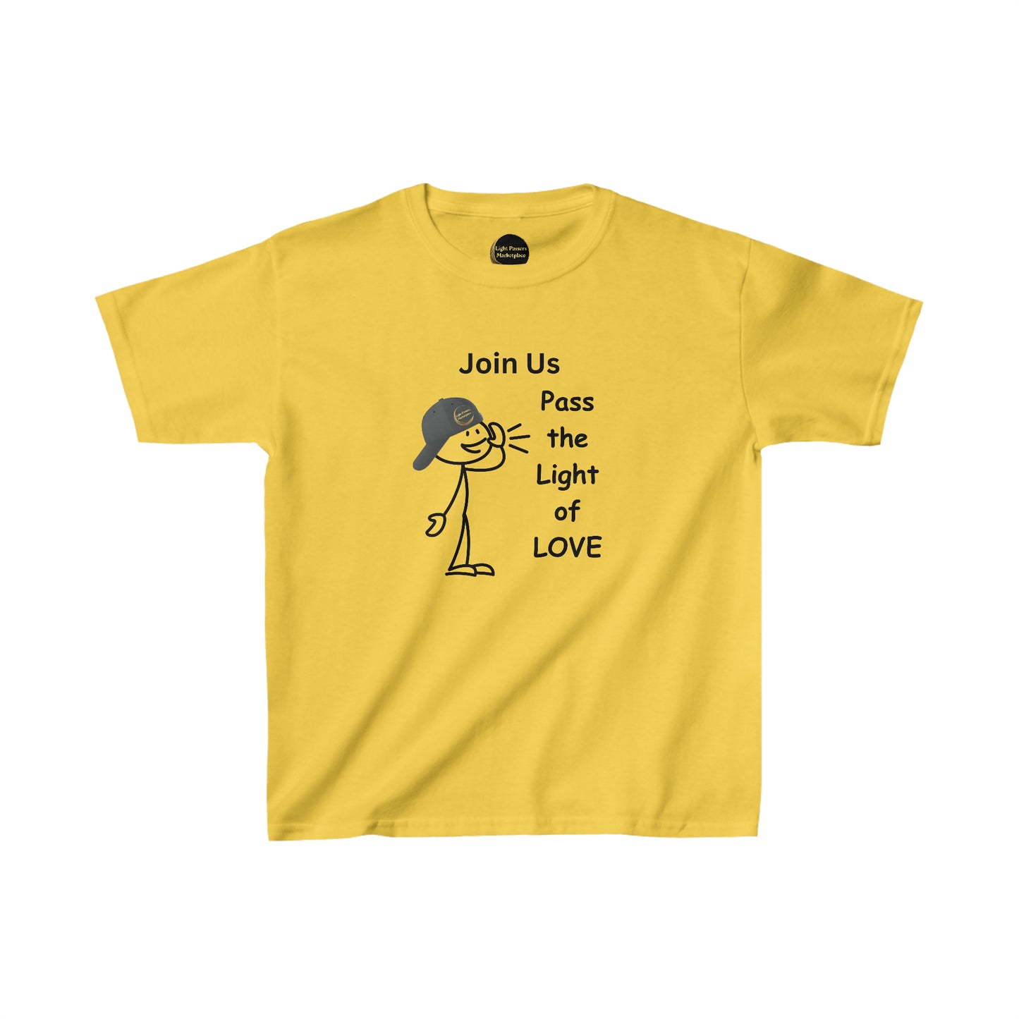 A kids' heavy cotton tee featuring a cartoon character with a hat. Made of 100% cotton, ideal for printing, with twill tape shoulders and ribbed collar for durability.