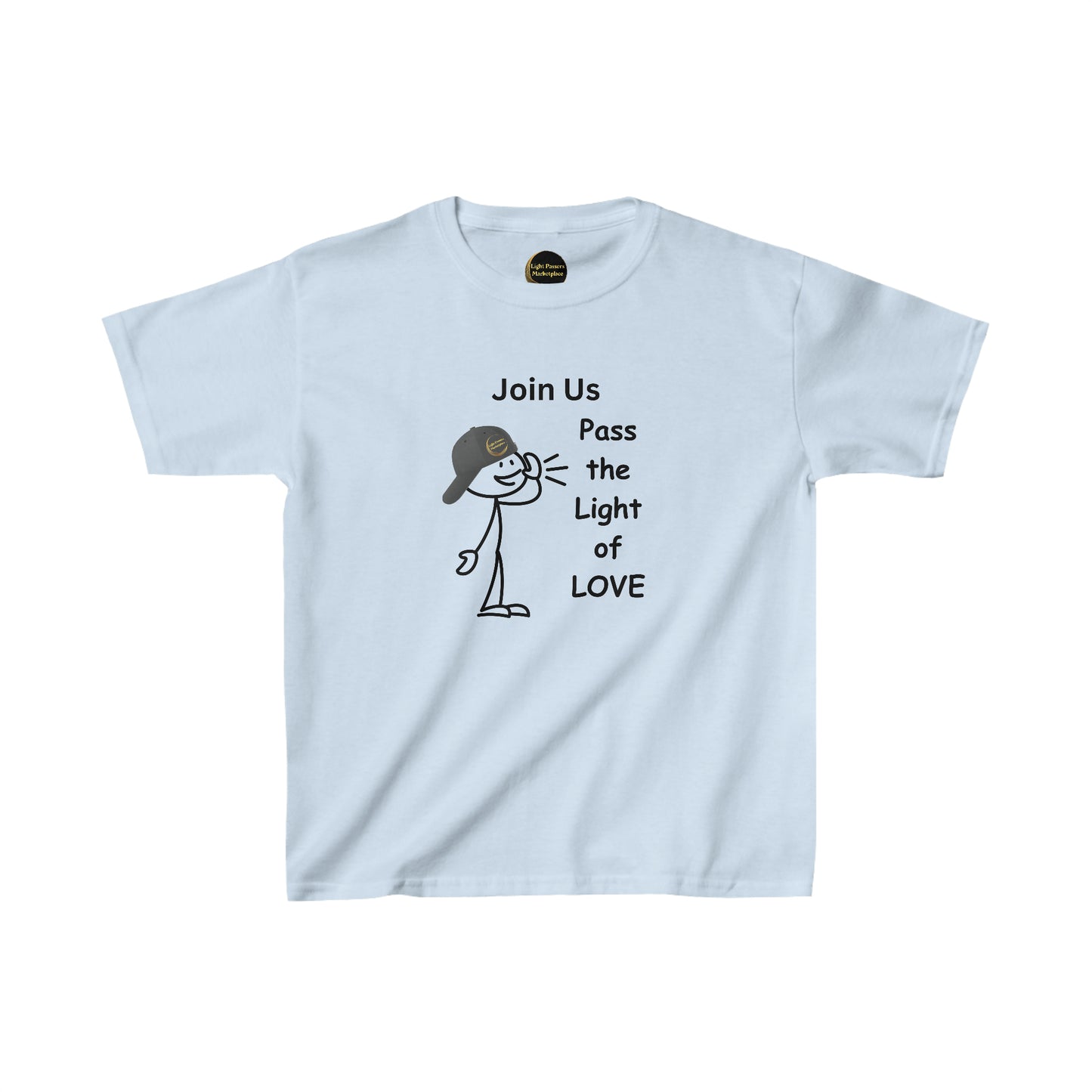 Youth white t-shirt featuring a cartoon stick figure with a cap. Made of 100% cotton, ideal for printing, with twill tape shoulders for durability and ribbed collar for curl resistance.