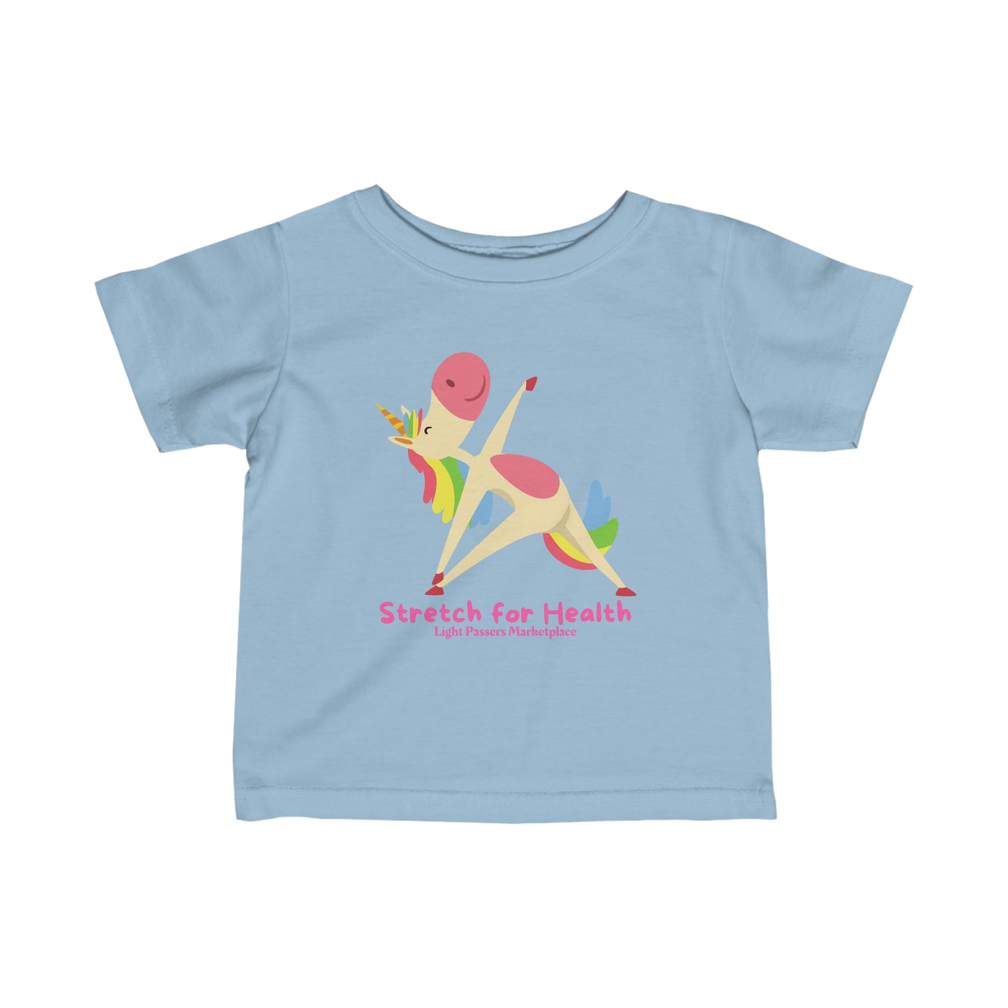 Infant fine jersey tee with a cartoon unicorn doing yoga, ribbed knitting for durability, taped shoulders for comfort. 100% Combed ringspun cotton, light fabric, classic fit.