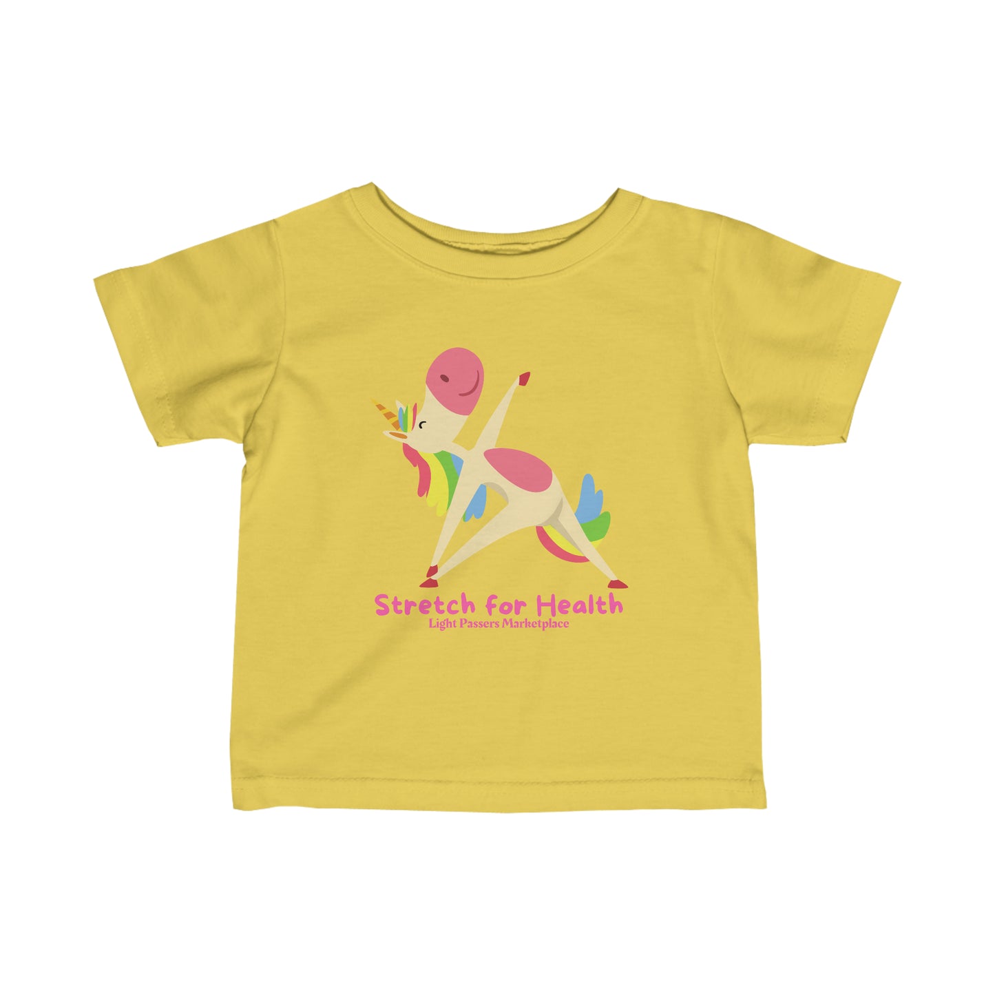 A baby t-shirt featuring a cartoon unicorn stretching, designed for comfort and durability. Side seams, ribbed knitting, and taped shoulders ensure a classic fit. Made of 100% combed ringspun cotton.