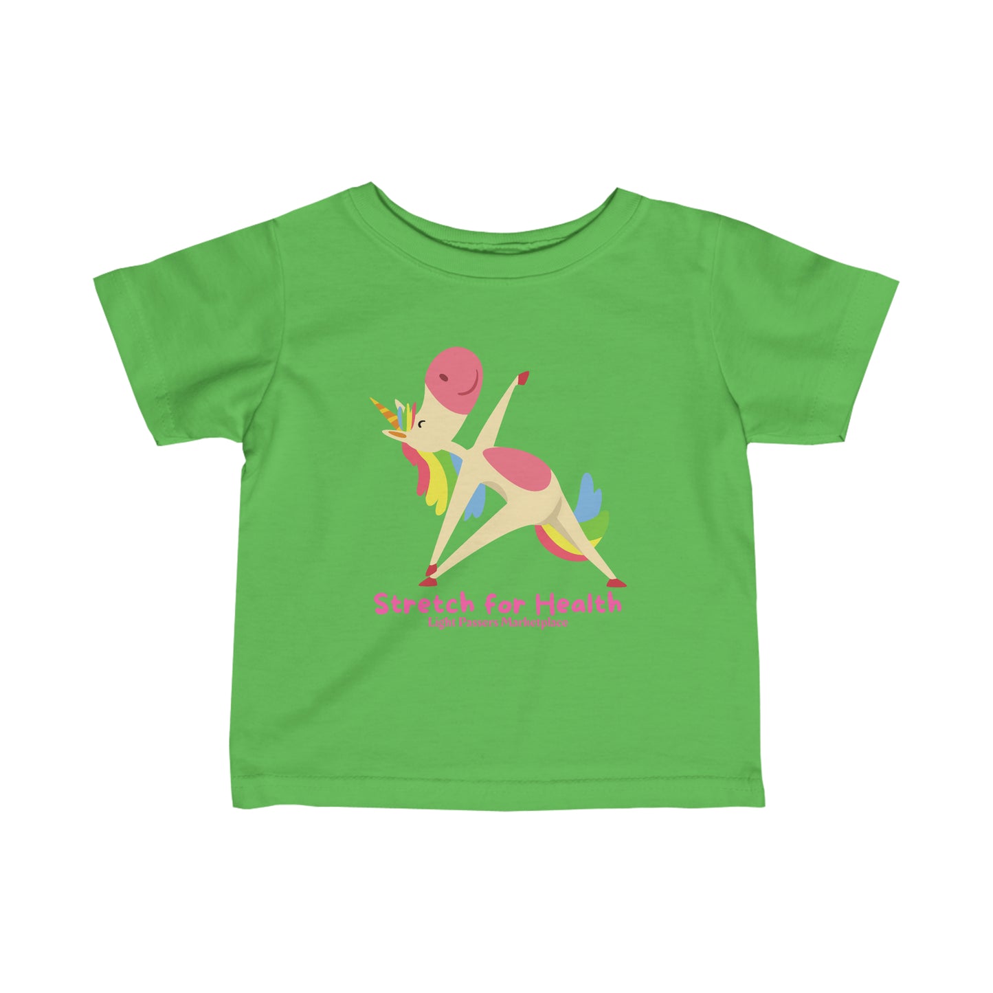 Infant fine jersey tee featuring a unicorn cartoon on a green shirt. Side seams, ribbed knitting, and taped shoulders for durability and comfort. 100% combed ringspun cotton.