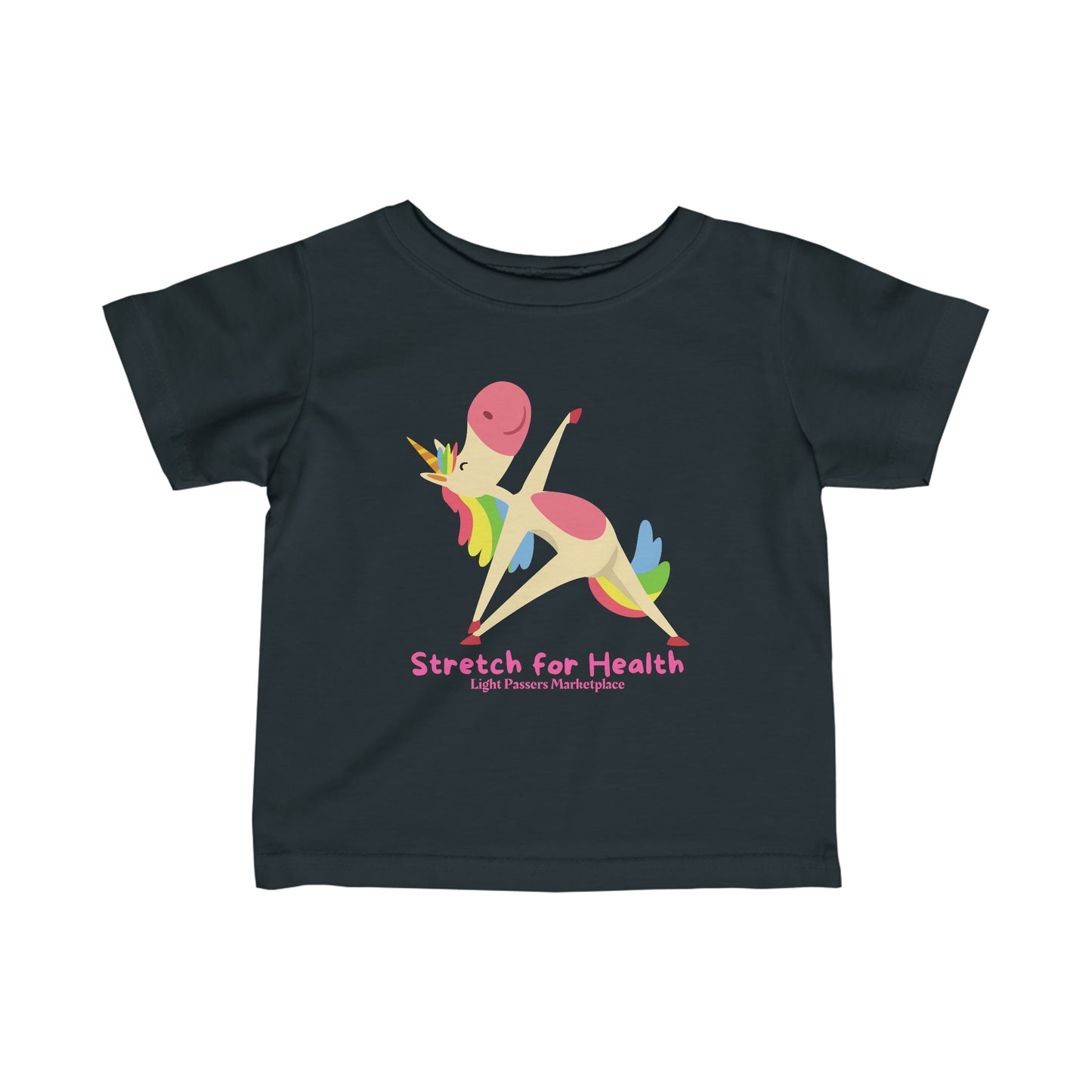 Infant fine jersey tee featuring a cartoon unicorn stretching. Side seams, ribbed knitting, and taped shoulders for durability and comfort. 100% Combed ringspun cotton. Classic fit.
