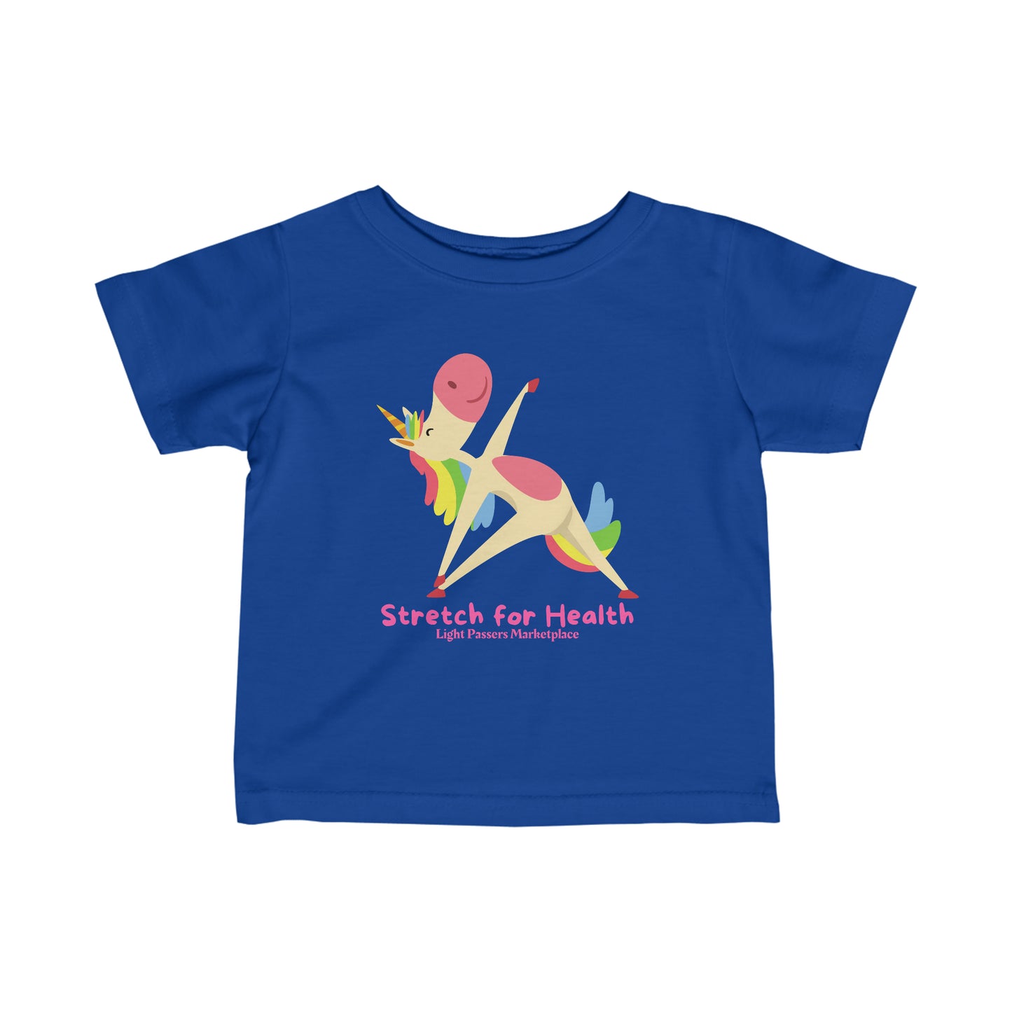 A baby t-shirt featuring a cartoon unicorn stretching, emphasizing comfort and durability with side seams, ribbed knitting, and taped shoulders for a classic fit.