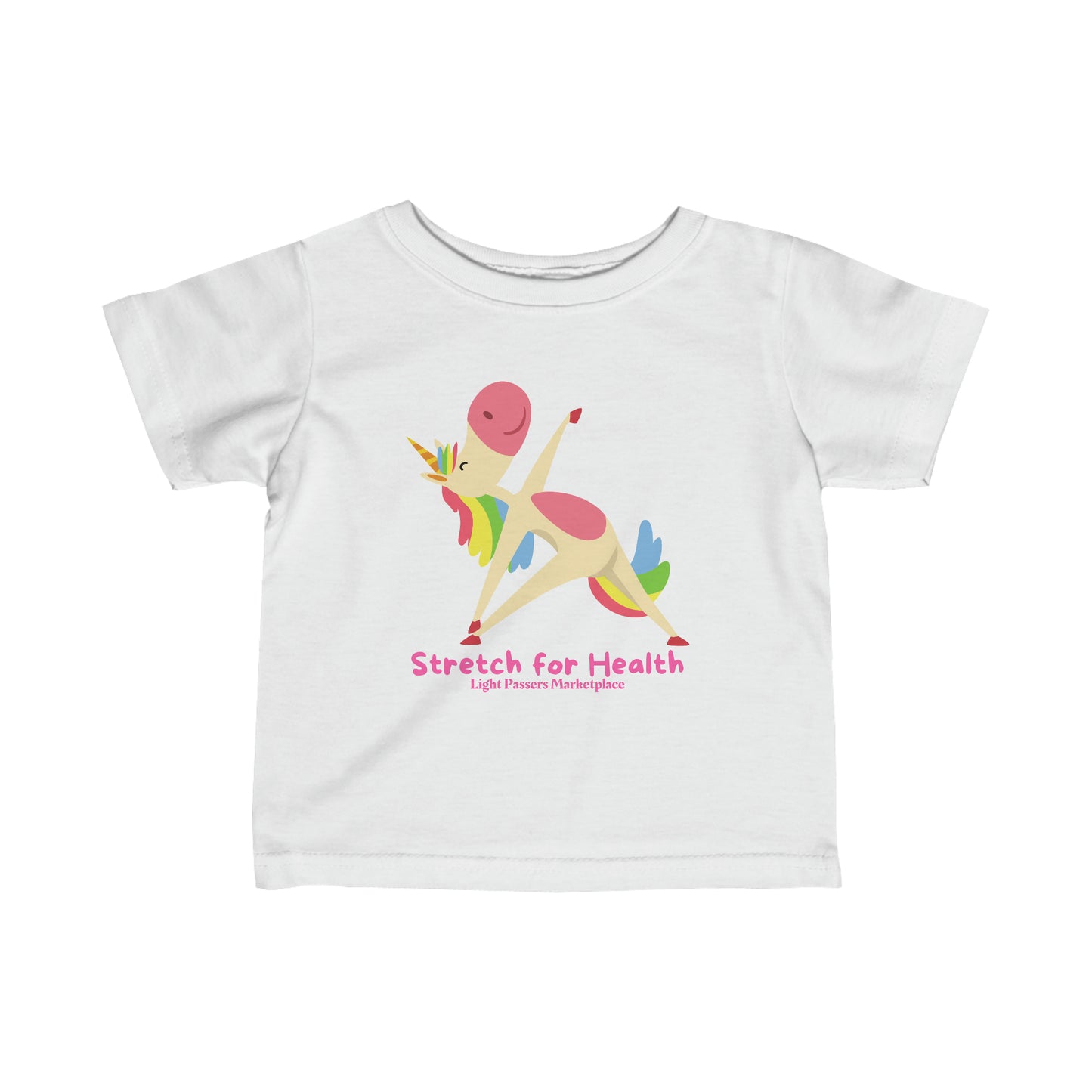A white baby t-shirt featuring a cartoon unicorn doing yoga. Infant fine jersey tee with side seams, ribbed knitting, and taped shoulders for durability and comfort.