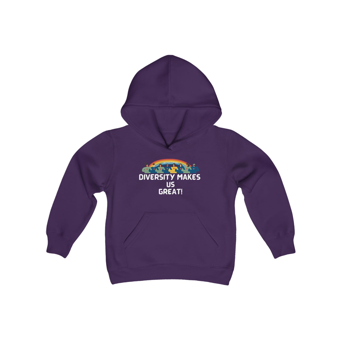 Youth hooded sweatshirt with kangaroo pocket, twill taping, and soft fleece blend. Ideal for printing, 50% cotton 50% polyester. Regular fit, 7.75 oz fabric.