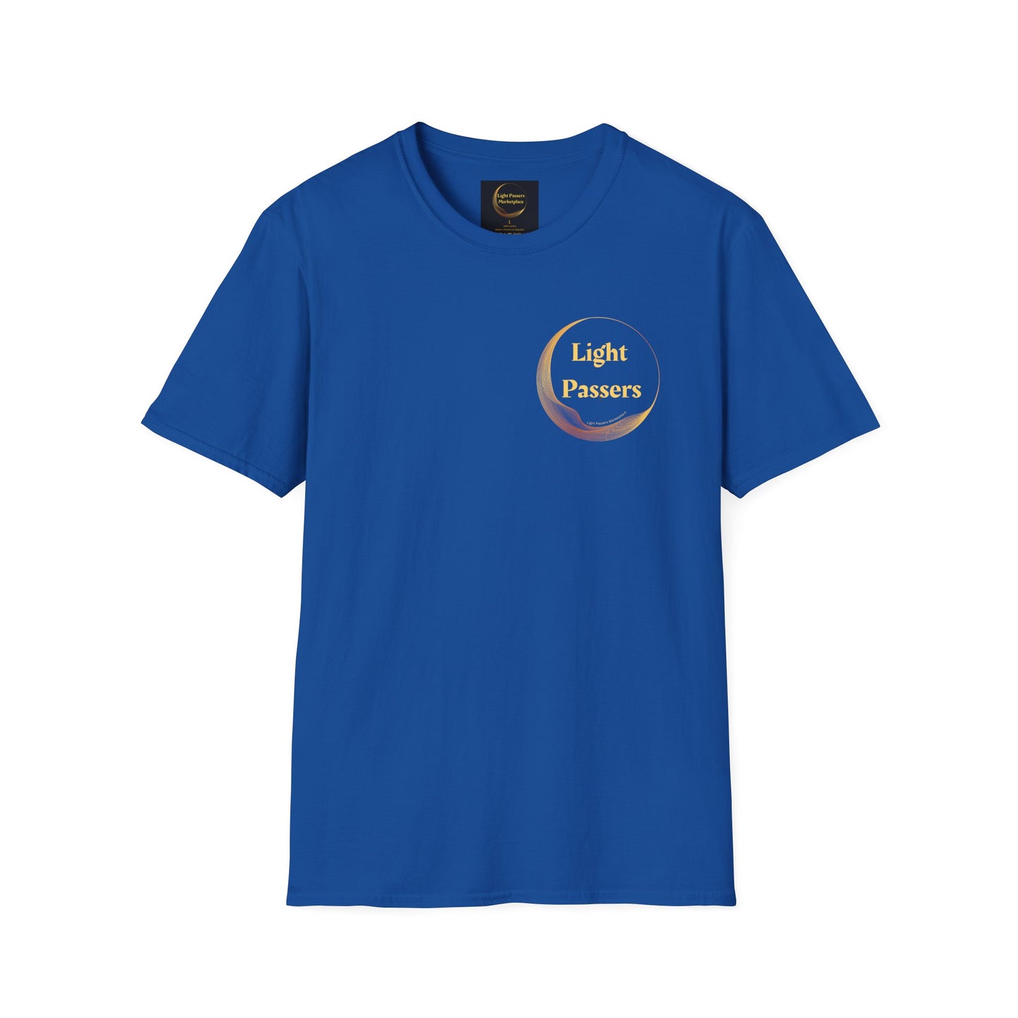 A blue unisex t-shirt featuring a logo on the front and back. Made of 100% cotton with no side seams for comfort. Ideal for casual wear with a classic fit and tear-away label.
