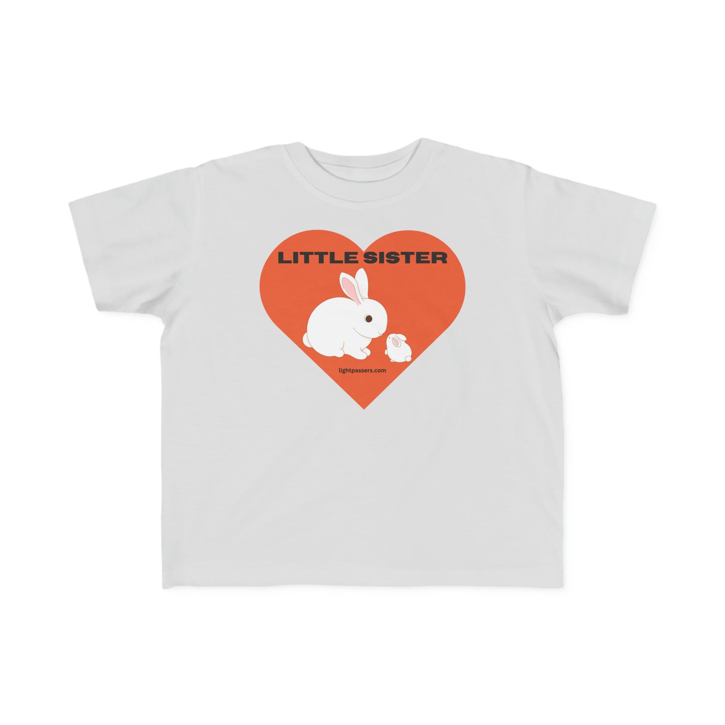 A white toddler t-shirt featuring a cute rabbit design, ideal for sensitive skin. Made of 100% combed cotton, light fabric, with a durable print.