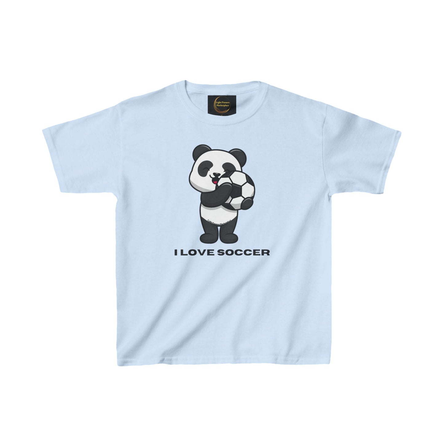 Teams Panda I Love Soccer Youth T-shirt featuring a cartoon panda holding a soccer ball, crafted from 100% midweight US cotton with a ribbed knit collar.