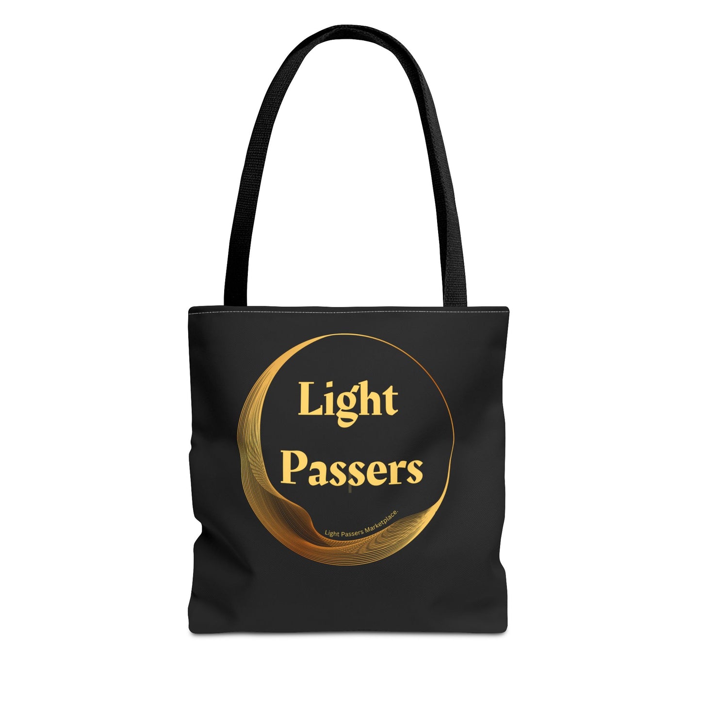 Cool Stuff Accessories Light Passers Gold Logo Tote Bag, showcasing a black design with gold text, durable polyester, available in three sizes with cotton webbing straps.