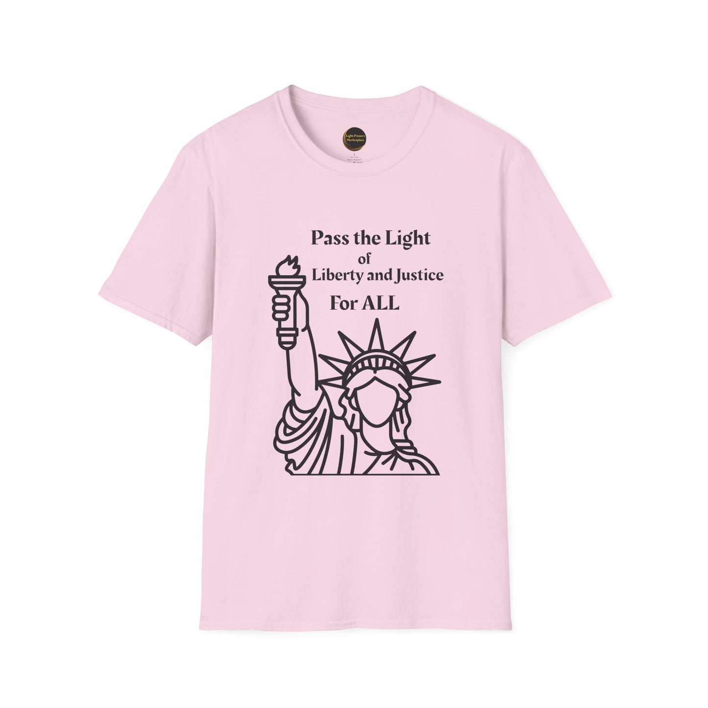 The Light- Liberty and Justice Adult Unisex Softstyle T-Shirt features a crew neckline and thoughtful design, embodying social justice themes from Light Passers Chronicles.
