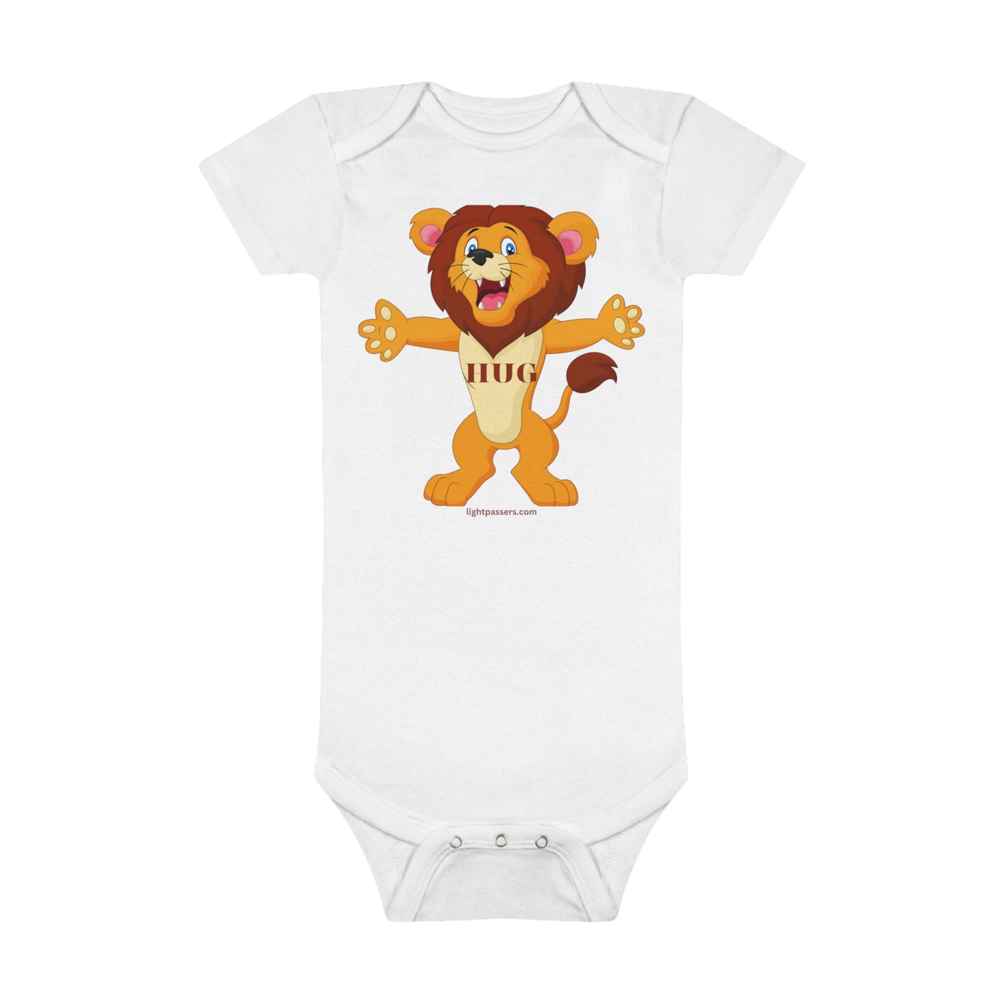 Organic white baby bodysuit featuring a cartoon lion design, made of 100% OEKO-TEX® certified cotton. Snap closure, ribbed legs for secure fit. Ideal for quick changes and comfort.