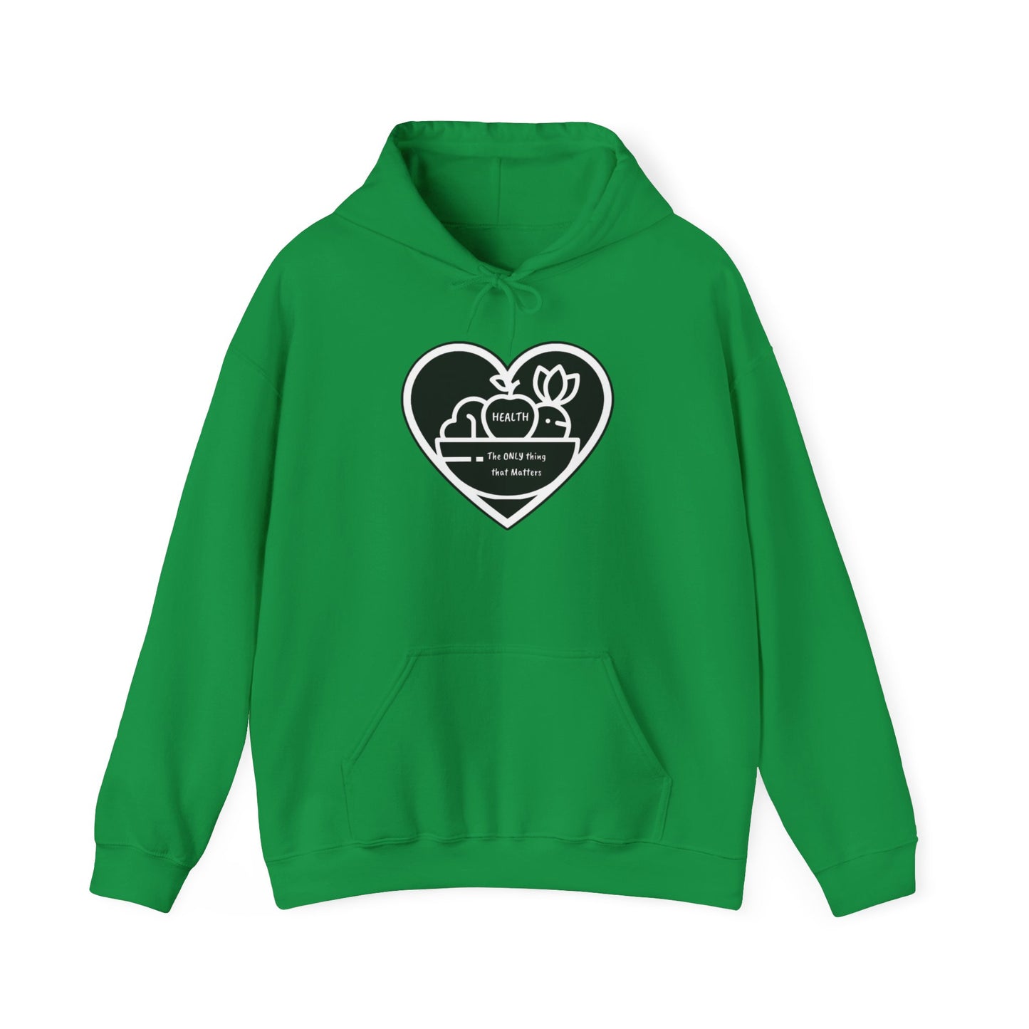 Health Happy Foods Fruit Basket Adult Unisex Hoodie features a green sweatshirt with heart and logo, spacious kangaroo pocket, and color-matched drawstring for cozy warmth.