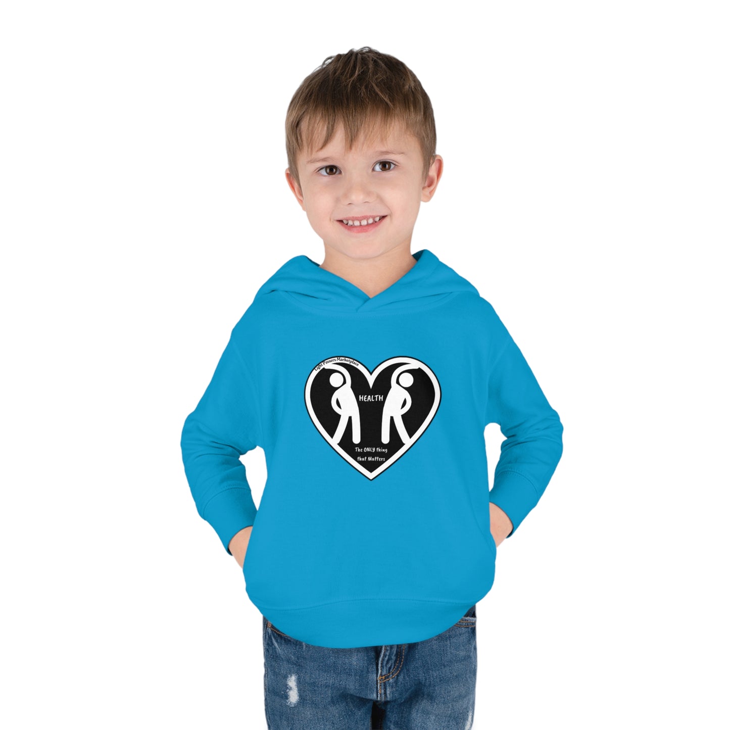A boy in a blue sweatshirt with a heart and two people, showcasing the 2 Figures Stretch Toddler Hoodie Sweatshirt. Designed for play with 60% cotton, 40% polyester, side-seam pockets, and EasyTear™ label.