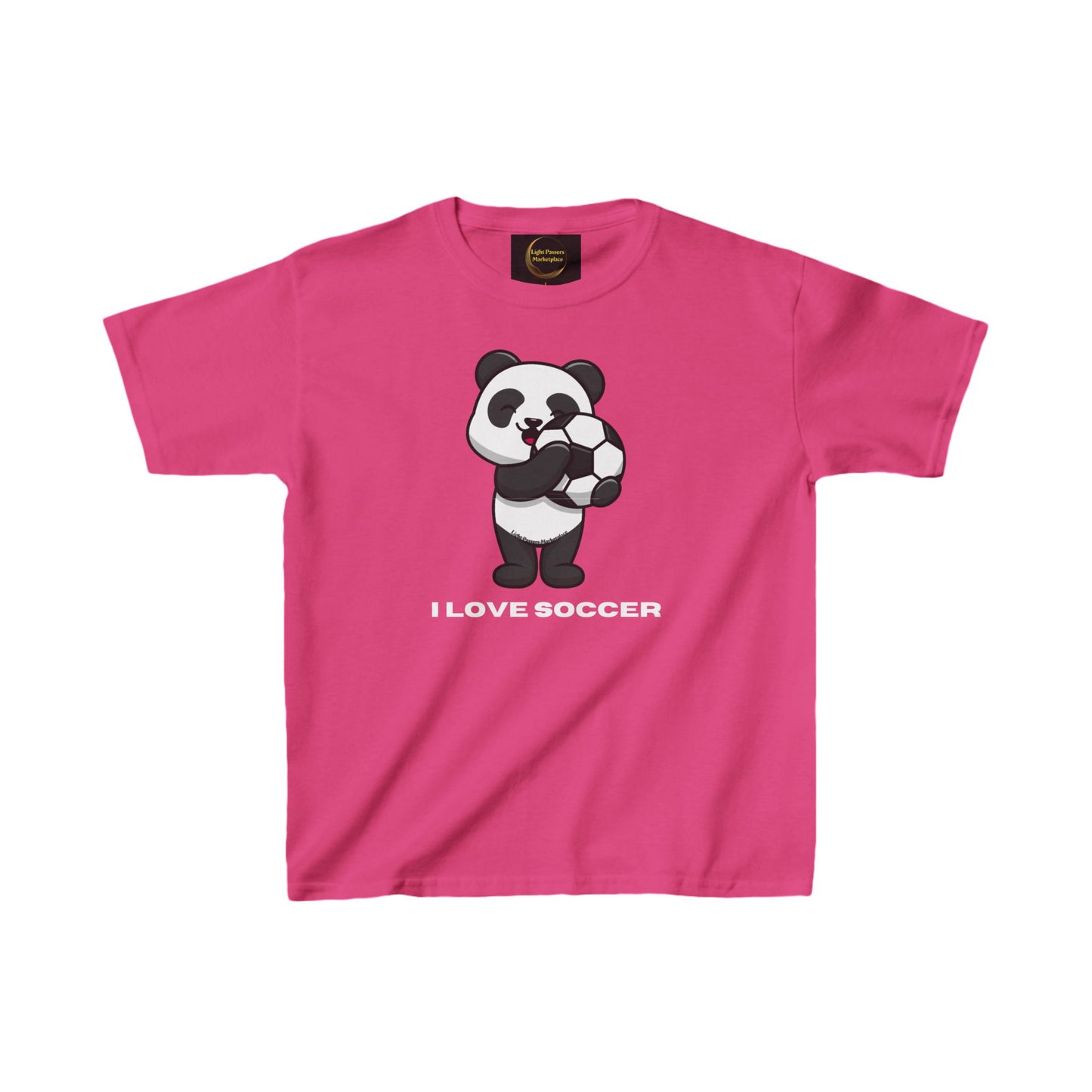 Teams Panda I Love Soccer Youth T-shirt featuring a cartoon panda holding a soccer ball, made of 100% cotton with a ribbed knit collar and classic fit.