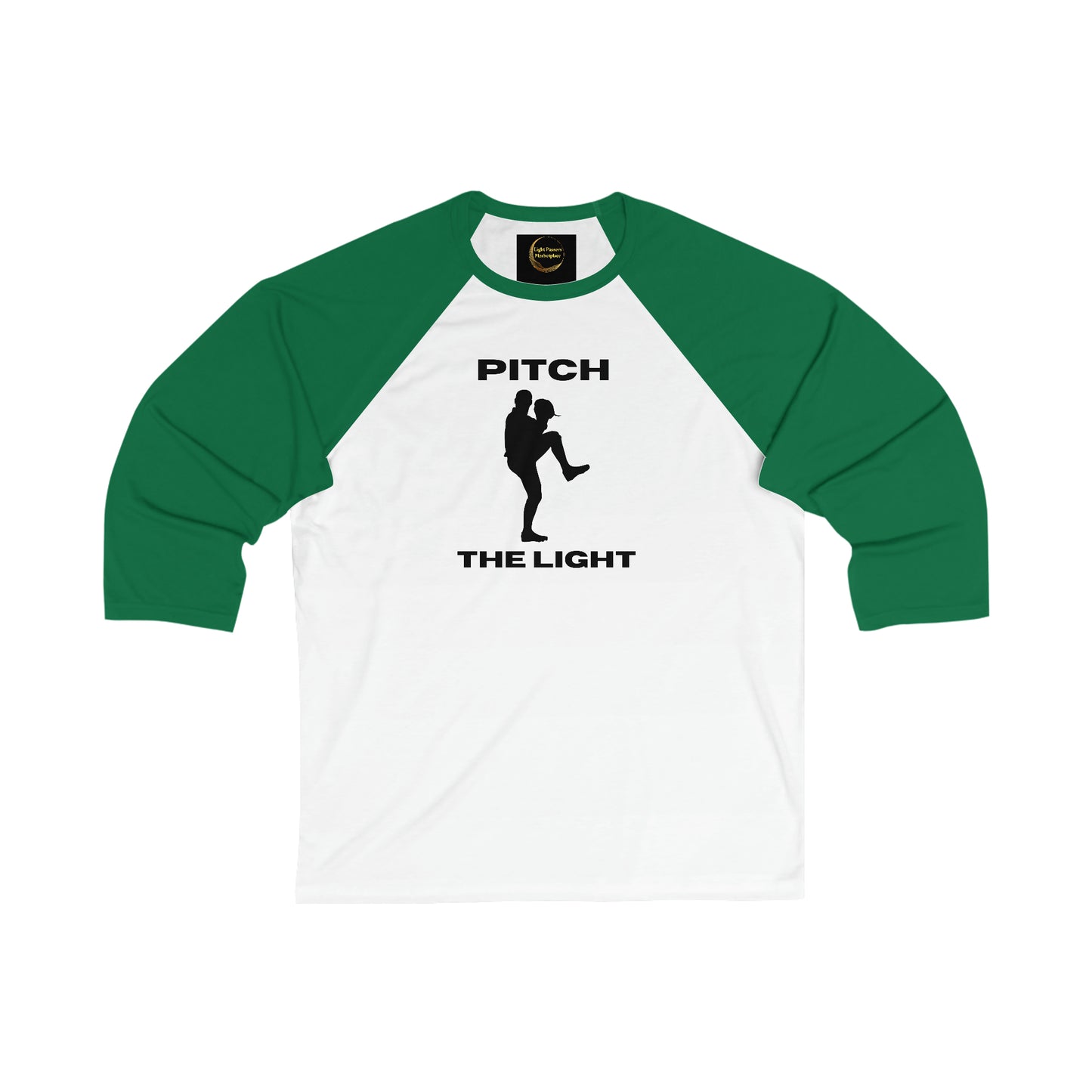 A green and white 3/4 sleeve baseball tee with black text and images: ideal for printing, ribbed collar, durable seams, 52% cotton, 48% polyester, modern fit.