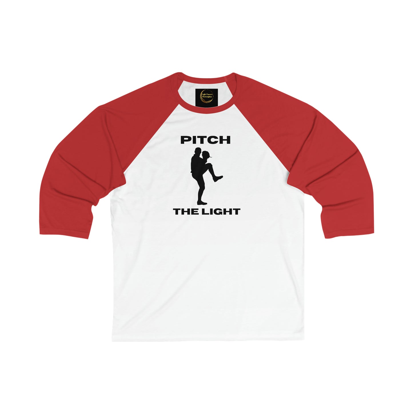 Unisex 3/4 sleeve baseball tee with black text and graphic of a man kicking. Ribbed collar, side seams for support. 52% cotton, 48% polyester. Light fabric, modern fit.