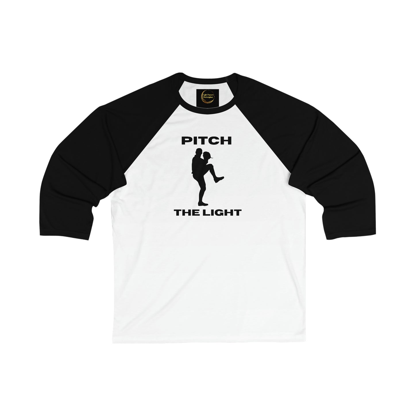 A white and black 3/4 sleeve baseball tee with a black text design, featuring a silhouette of a person kicking and holding a baseball bat. Ribbed collar, durable seams, modern fit.