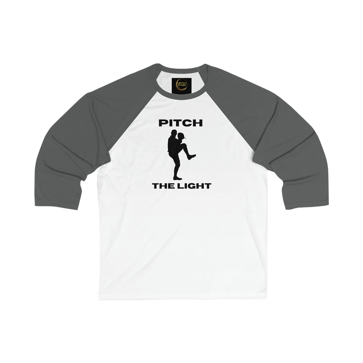 A white and grey 3/4 sleeve baseball tee with a black graphic logo, ribbed collar, and side seams for structural support. Modern fit, light fabric blend of cotton and polyester.