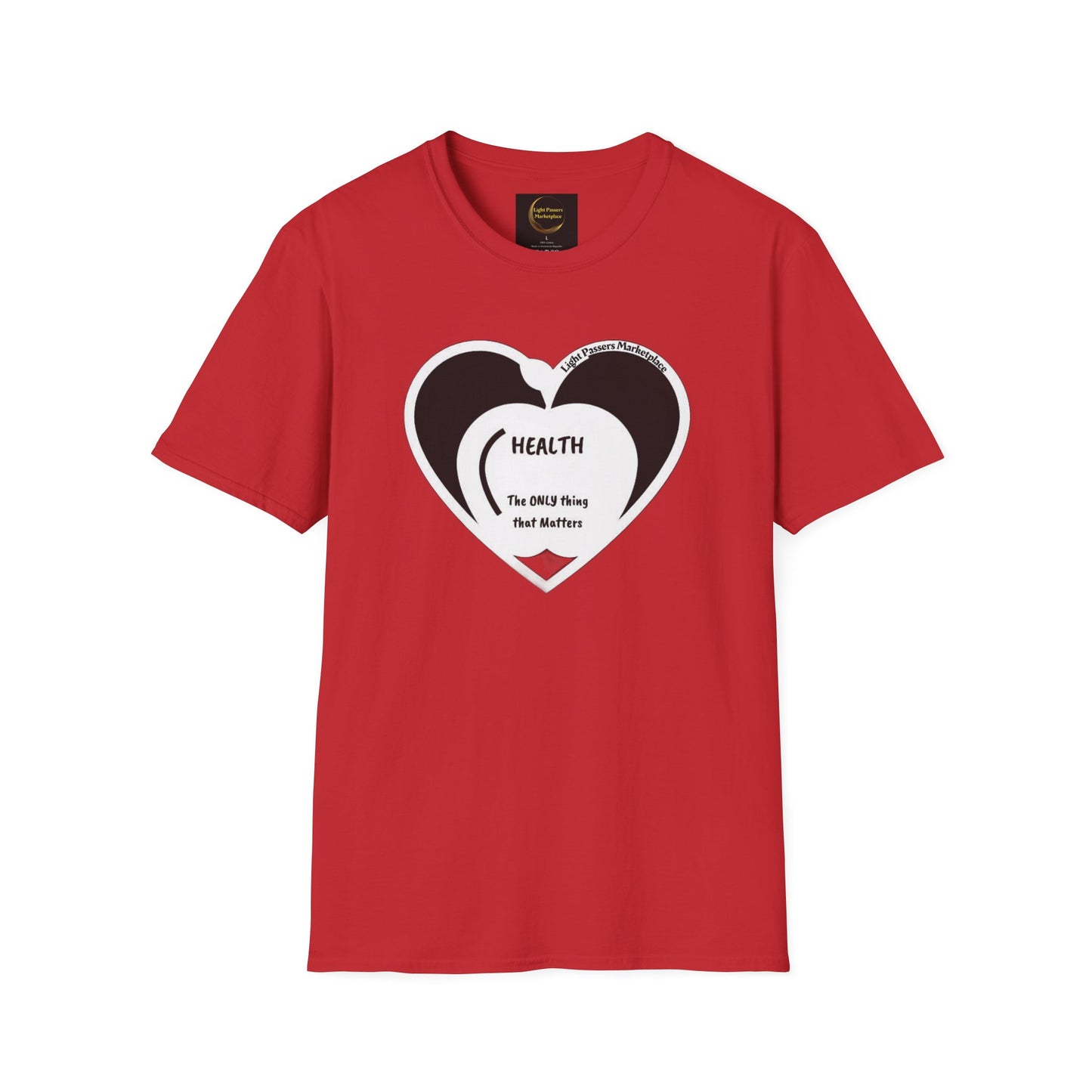 Health Happy Food Apple Adult Unisex T-Shirt, featuring a white heart design on a red background, offers soft, durable comfort with 100% ring-spun cotton fabric.