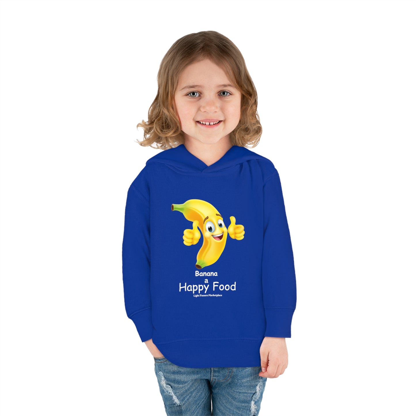 A child in a blue Rabbit Skins toddler hoodie smiles, with a cartoon banana giving a thumbs up in the design. Features jersey-lined hood, side seam pockets, and durable stitching for lasting coziness.
