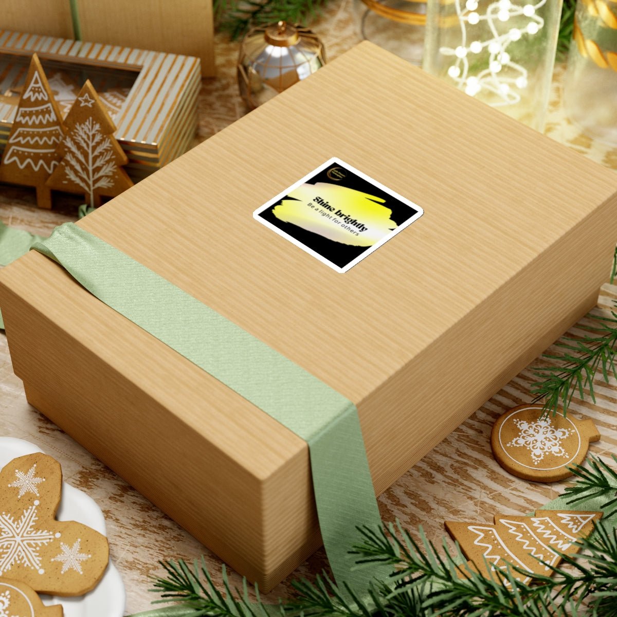 Inspirational Stickers - Put Shine Brightly for others Message Everywhere, featuring a box with ribbon, ideal for decorating and spreading positivity on various surfaces.