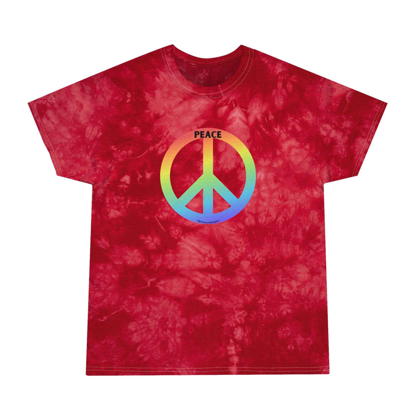 Red tie-dyed T-shirt with a rainbow peace symbol and PEACE text, embodying a 60s-70s retro vibe, from Light Passers Marketplace.