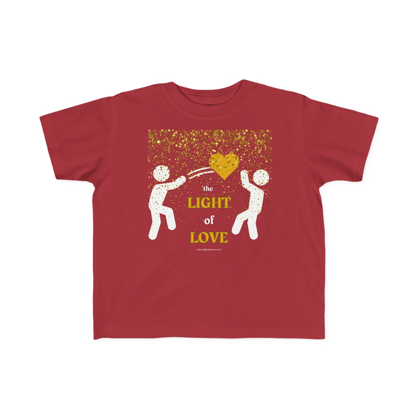A red toddler t-shirt featuring a gold heart design. Made of 100% combed cotton, light fabric, tear-away label, and a classic fit. Ideal for sensitive skin.