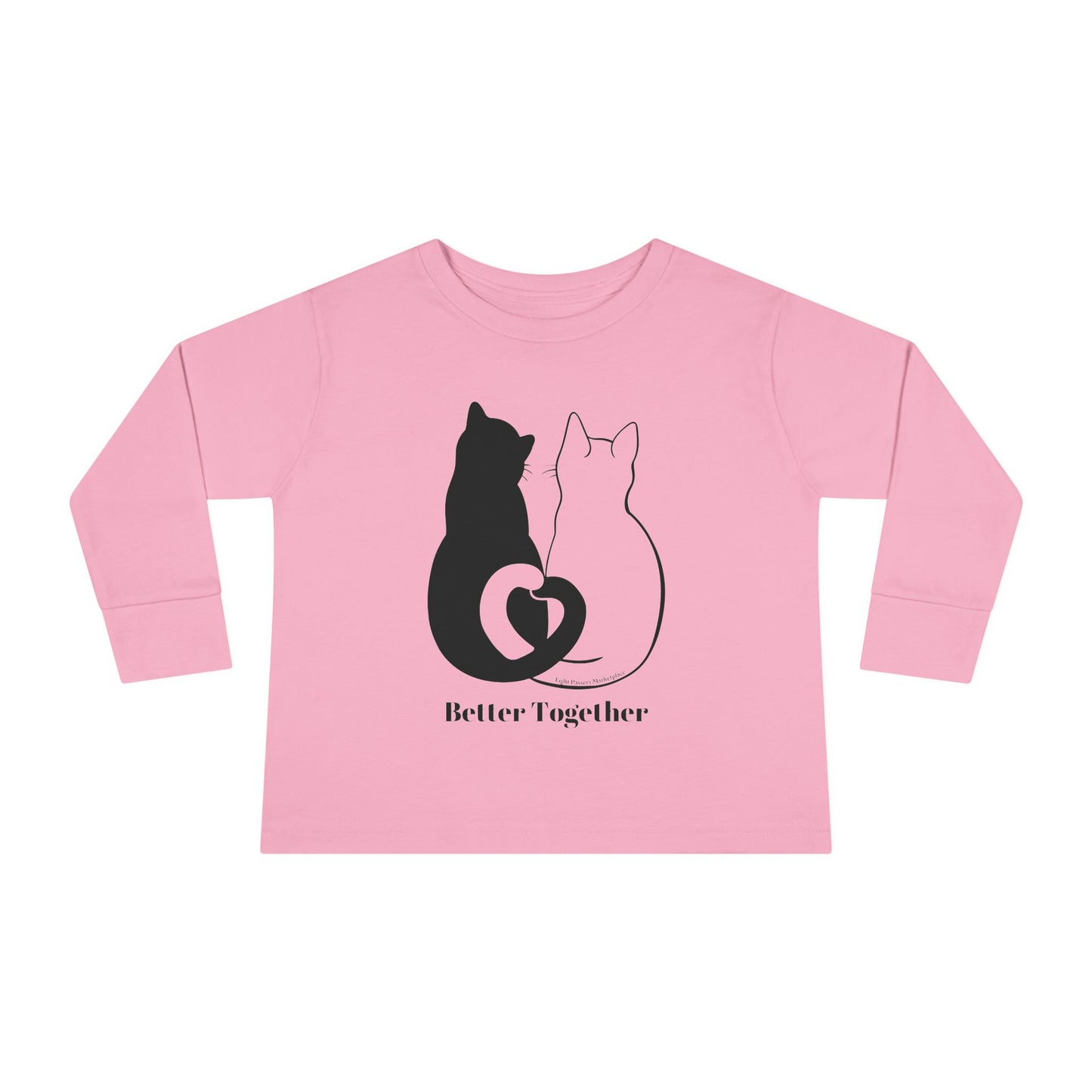 Better Together Cat Love Tails Toddler Long Sleeve featuring playful cat designs on a soft, durable pink shirt, crafted for comfort and ease with EasyTear™ label.