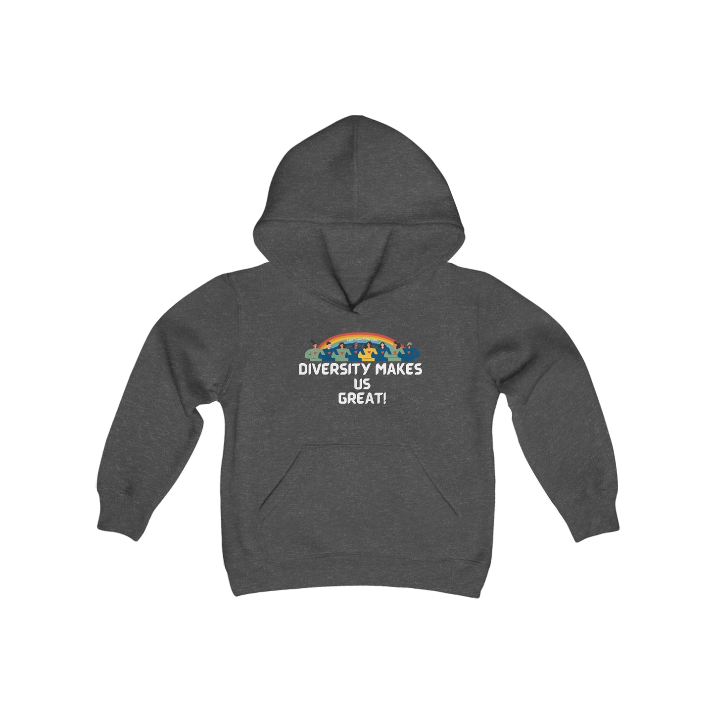 A grey hoodie with a logo on the front, featuring a kangaroo pocket and twill taping. Made of soft, preshrunk fleece (50% cotton, 50% polyester). Youth blend hooded sweatshirt for comfort and style.