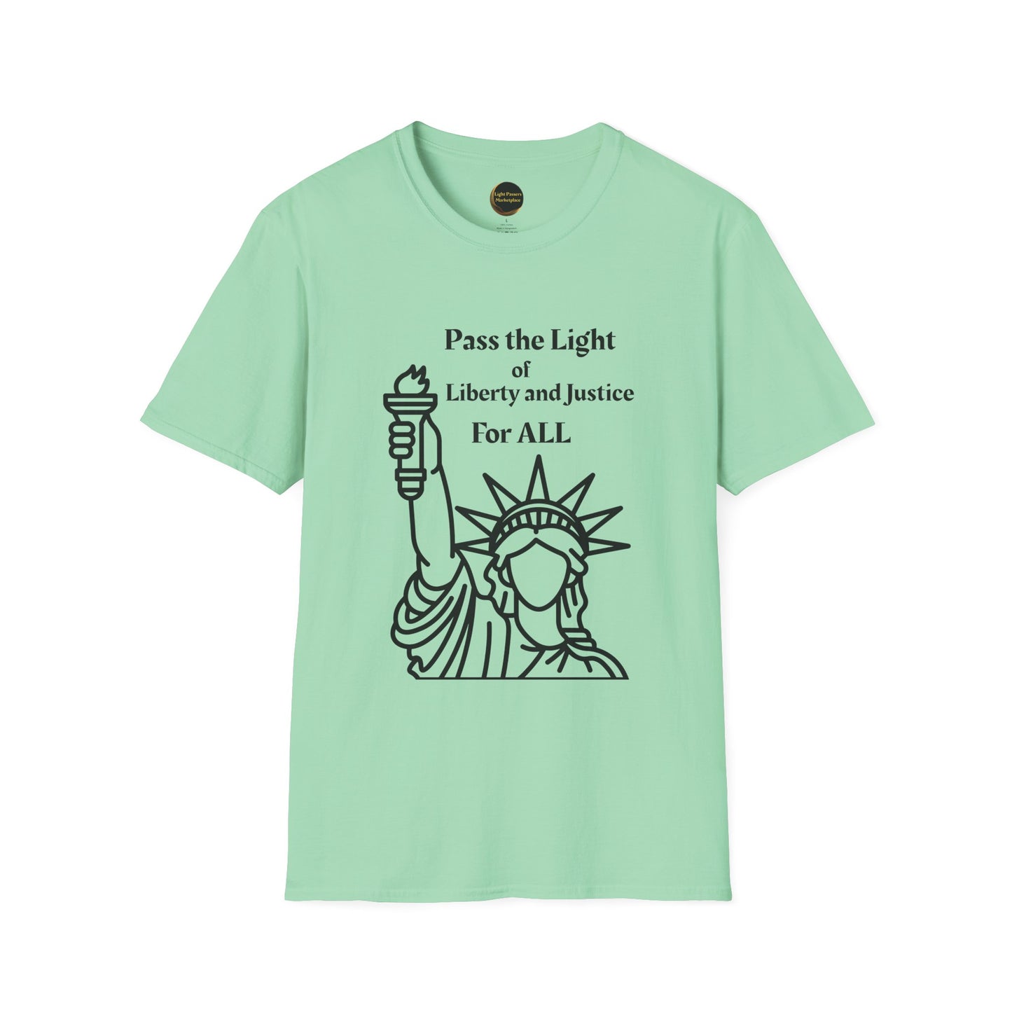 The Light- Liberty and Justice Adult Unisex Softstyle T-Shirt features a conversation-sparking design, ideal for expressing values at rallies or casual events.