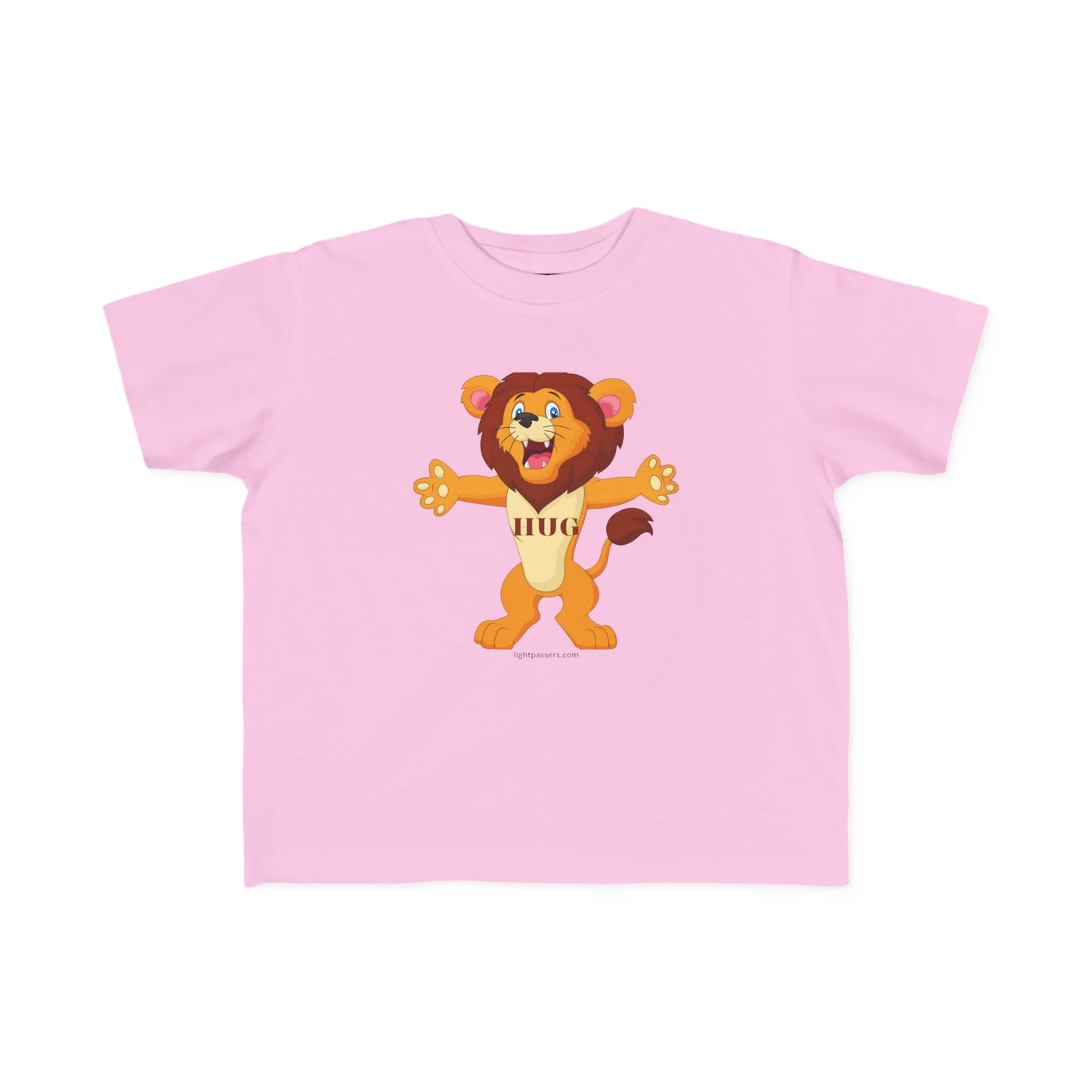 A toddler's tee featuring a cartoon lion with outstretched arms. Made of 100% combed, ring-spun cotton, light fabric, tear-away label, and a durable print. Ideal for sensitive skin.