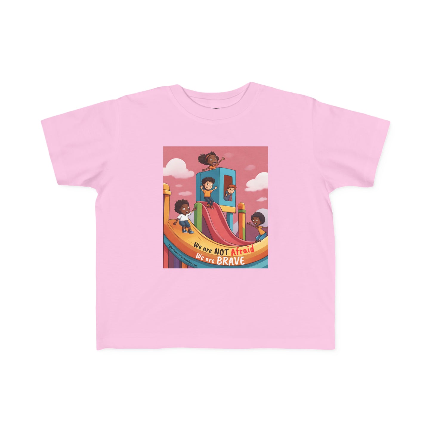 A Brave Toddler T-shirt featuring cartoon characters on a pink shirt, ideal for sensitive skin. Made of 100% combed cotton, light fabric, tear-away label, and a classic fit.