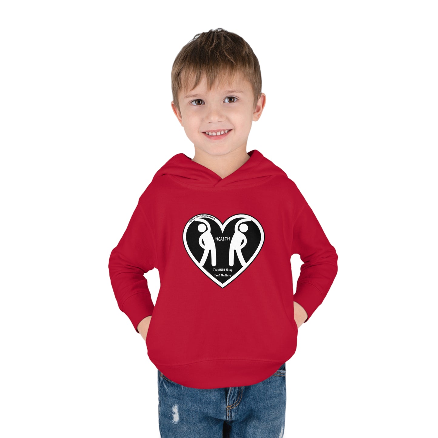 A toddler in a red hoodie, featuring a heart logo with two people, crafted from 60% cotton, 40% polyester blend for comfort and durability. Side-seam pockets and EasyTear™ label included.