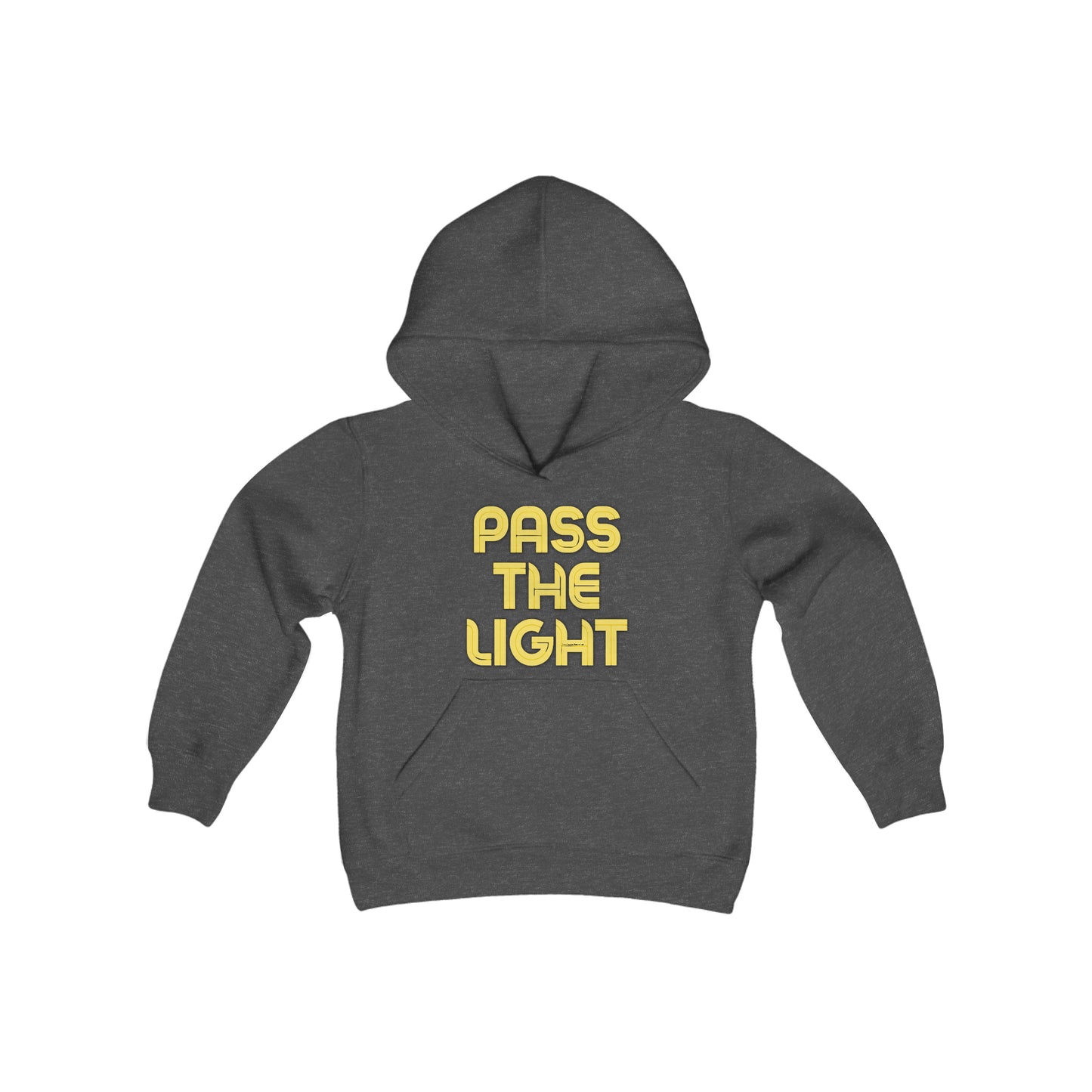 Pass the Light Youth Hooded Sweatshirt: Grey hoodie with yellow text, kangaroo pocket, twill taping, 50% cotton 50% polyester, 7.75 oz medium fabric, regular fit.