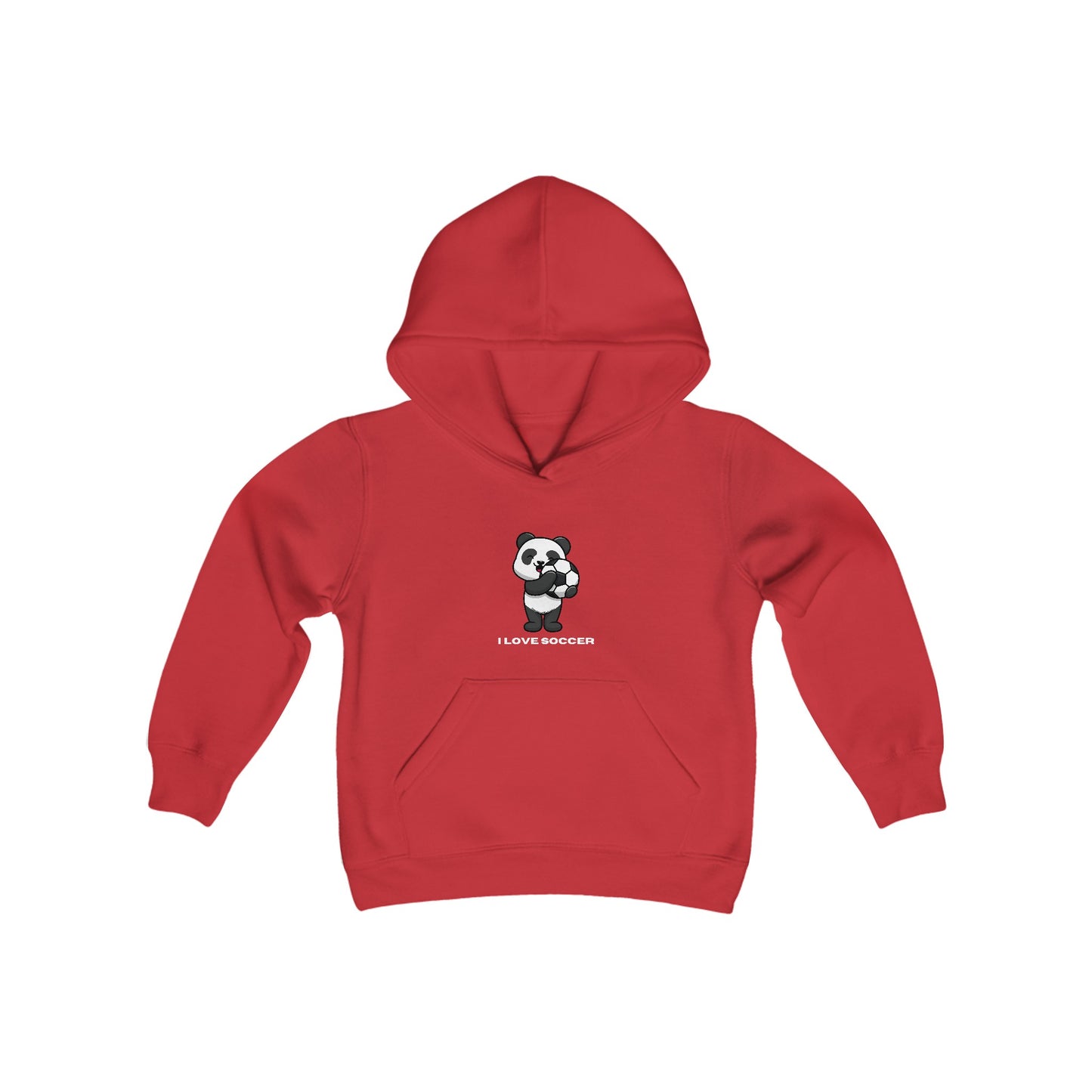 Youth hooded sweatshirt featuring a panda playing soccer, made of soft, preshrunk fleece with kangaroo pocket and twill taping. 50% cotton, 50% polyester blend for print quality.