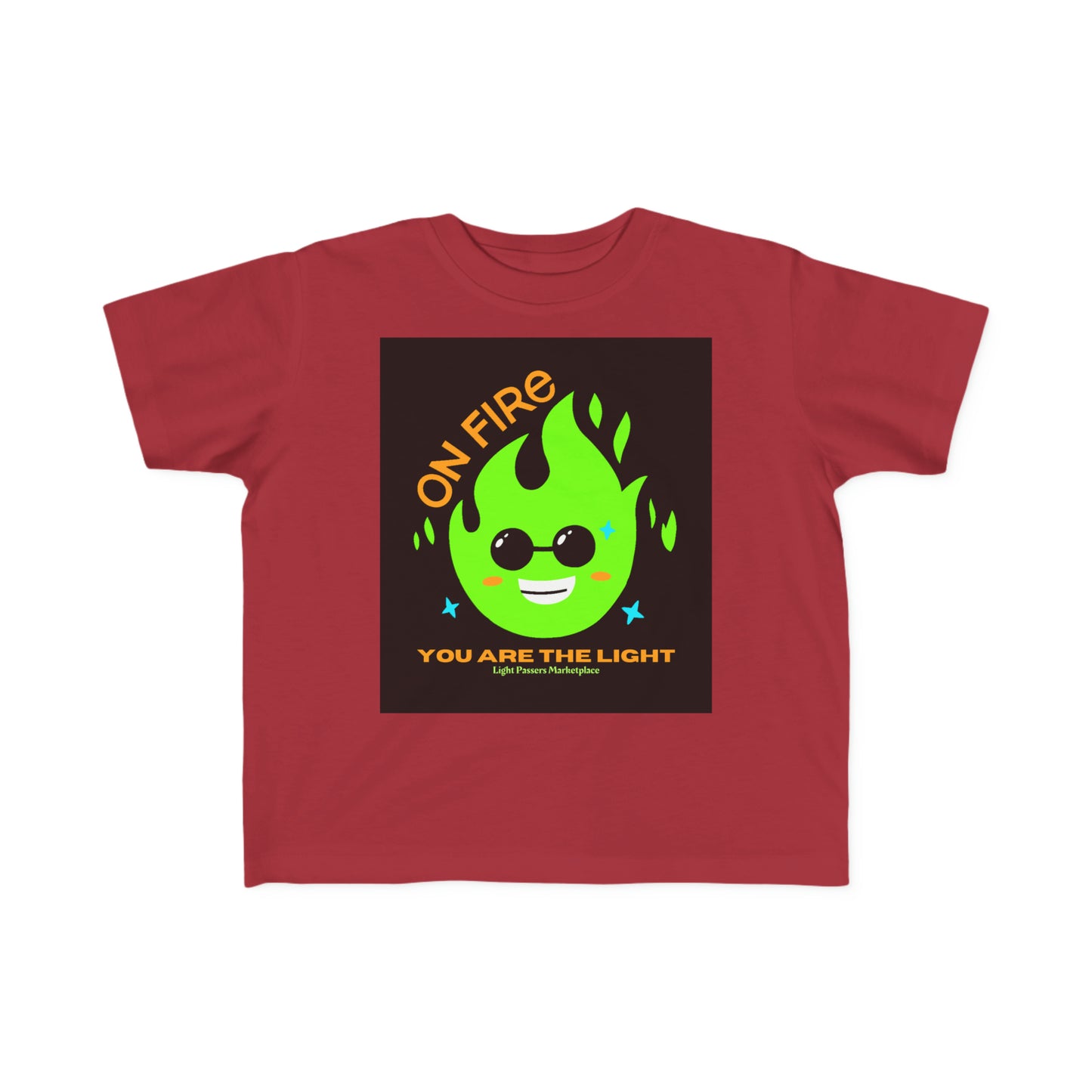 A red toddler t-shirt featuring a green cartoon character with a durable print. Made of 100% combed, ring-spun cotton for sensitive skin, light fabric, tear-away label, and a classic fit.