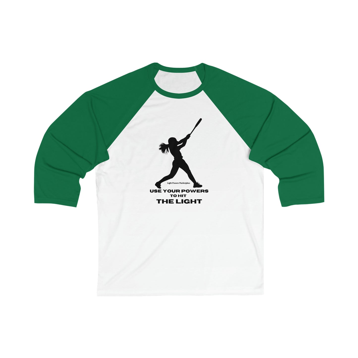 A green and white unisex 3/4 sleeve baseball tee with a black silhouette of a woman swinging a bat, ideal for vibrant designs. Made of cotton, polyester, and rayon blend for durability and comfort.