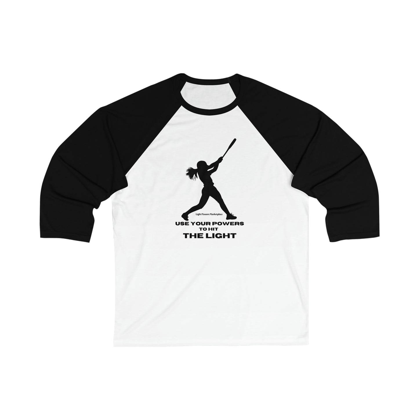 A black and white unisex 3/4 sleeve baseball tee featuring a person swinging a bat, ideal for vibrant designs. Ribbed collar, durable seams, and lightweight fabric blend for comfort and style.