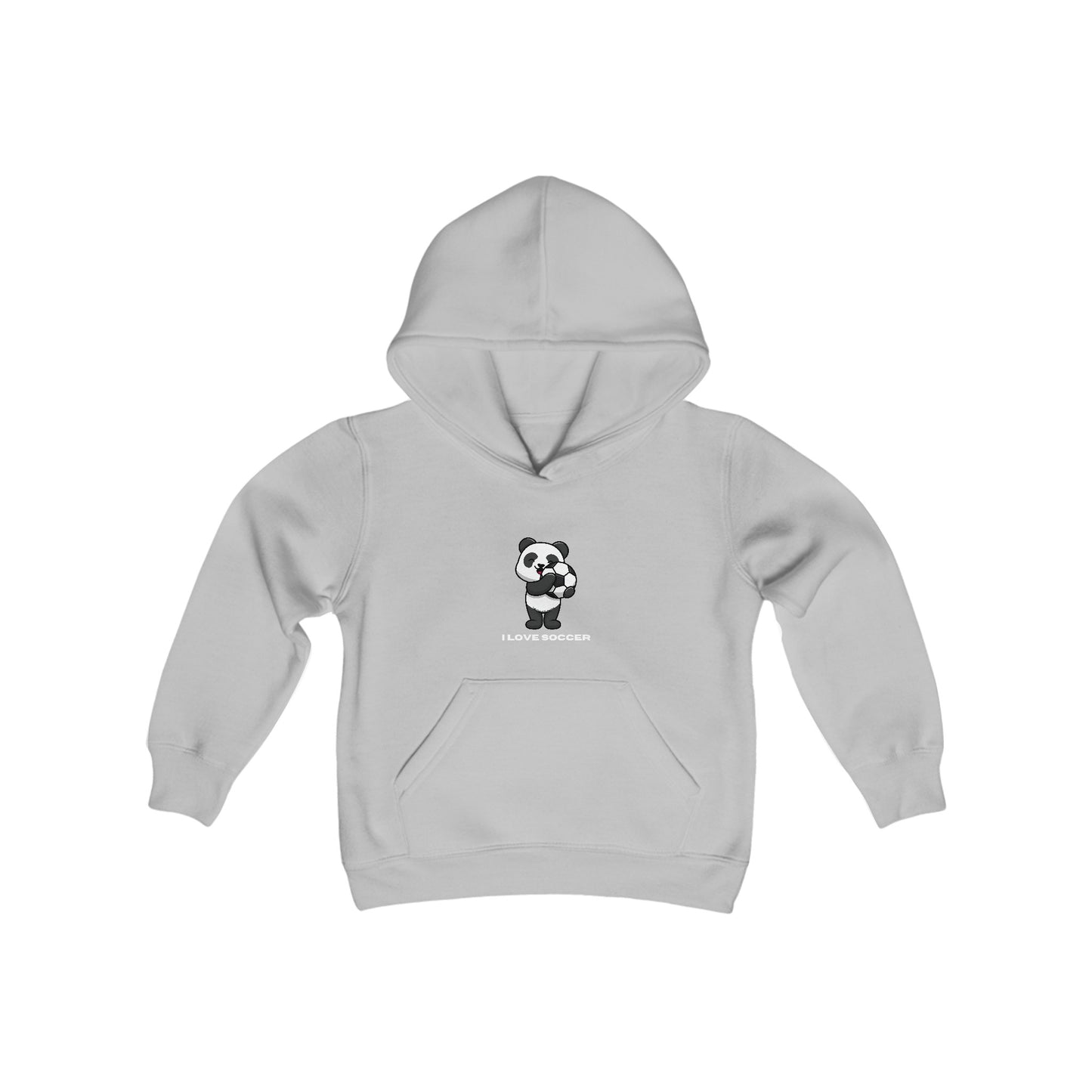 Youth blend hooded sweatshirt featuring a panda playing soccer, with kangaroo pocket and twill taping. 50% cotton, 50% polyester, soft fleece, ideal for printing.