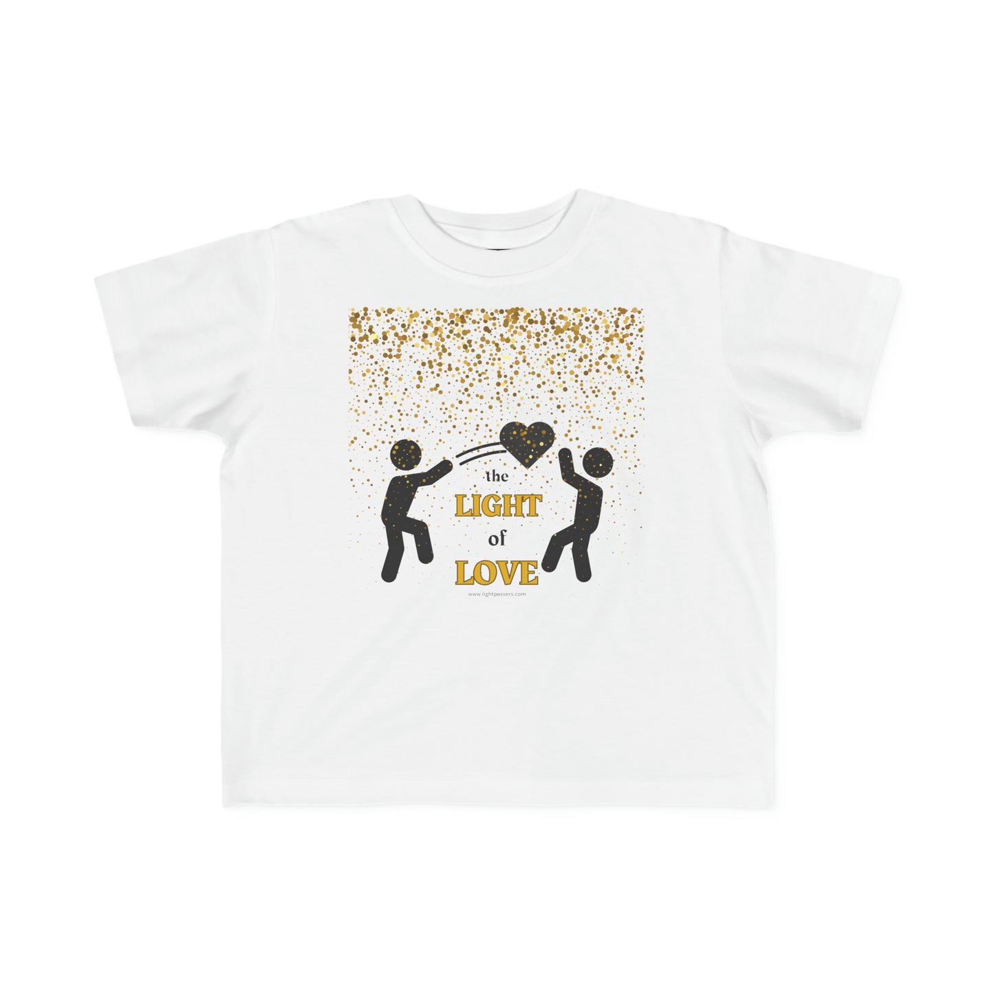 A toddler's white t-shirt featuring a gold heart design with people holding a stick and dancing. Made of soft 100% combed cotton, light fabric, tear-away label, and a classic fit.
