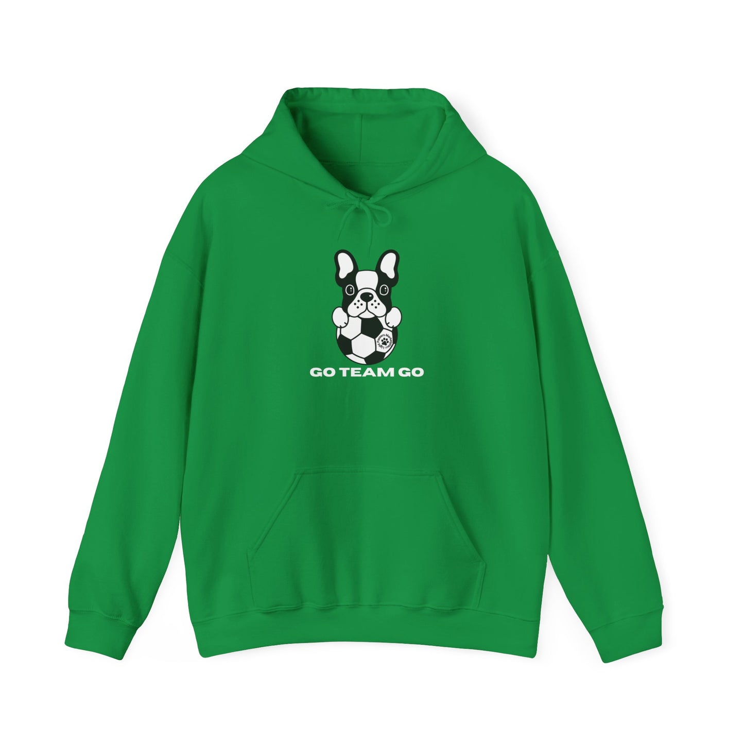Teams Soccer Dog Adult Unisex Hoodie featuring a black and white dog with a football on a green sweatshirt, highlighting a cozy, practical design with a kangaroo pocket.