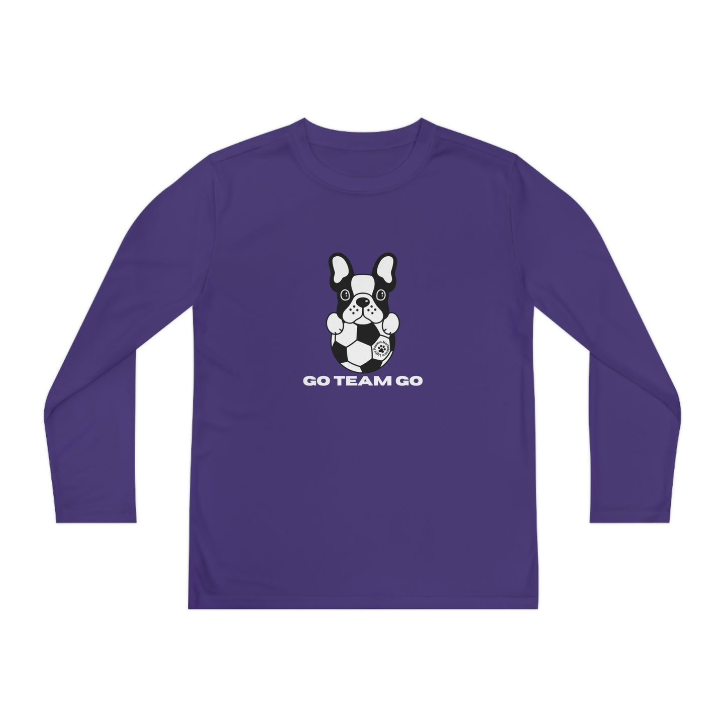 Youth Long Sleeve Soccer Dog Go Team Go featuring a black and white dog with football on a purple shirt; moisture-wicking polyester, athletic fit.