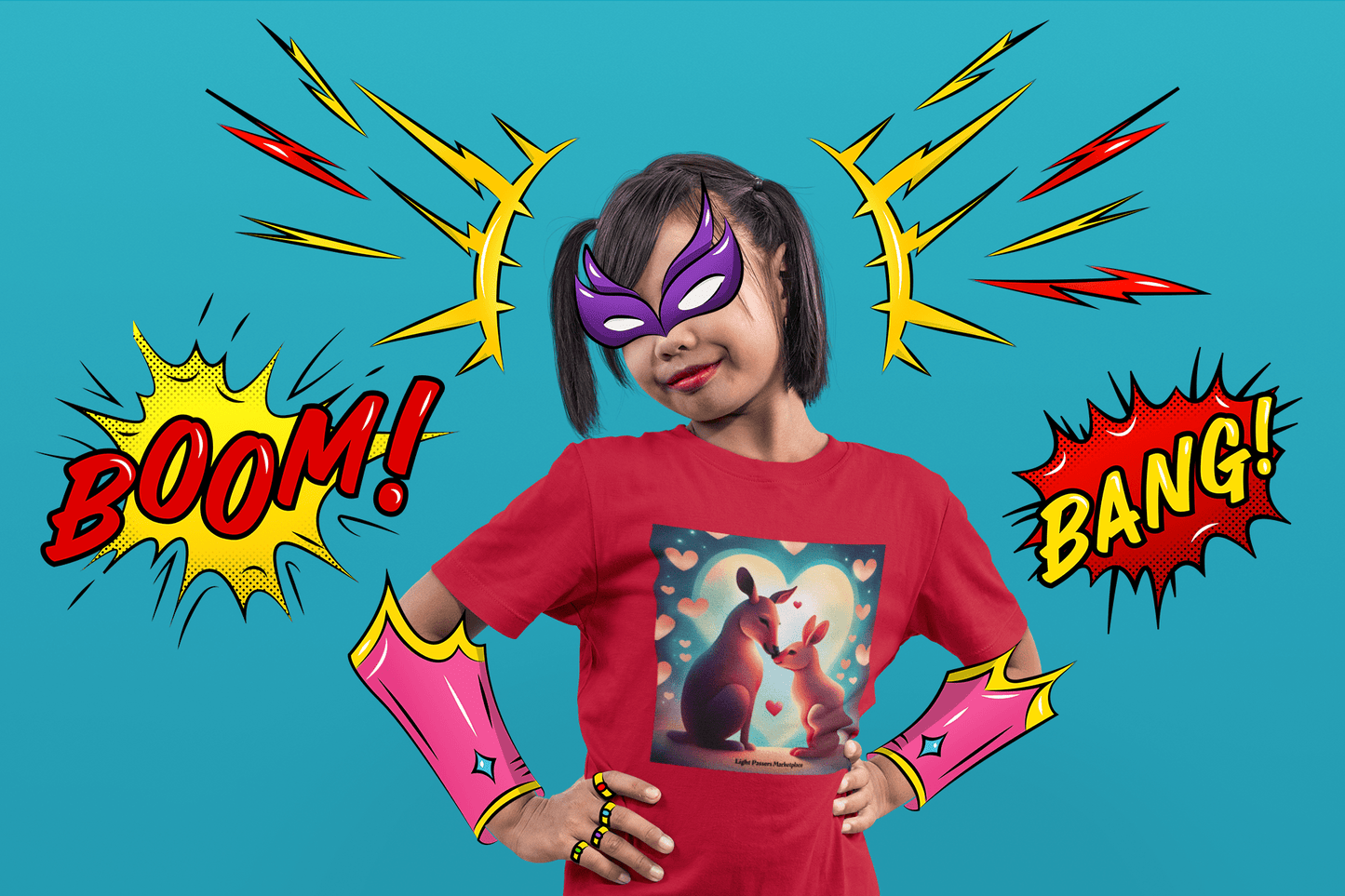 A girl in a red shirt wears a mask and gloves, surrounded by cartoon explosions. Hearts and Love 2 Animals Youth T-shirt, made with 100% cotton, features twill tape shoulders and a curl-resistant collar for durability and comfort.