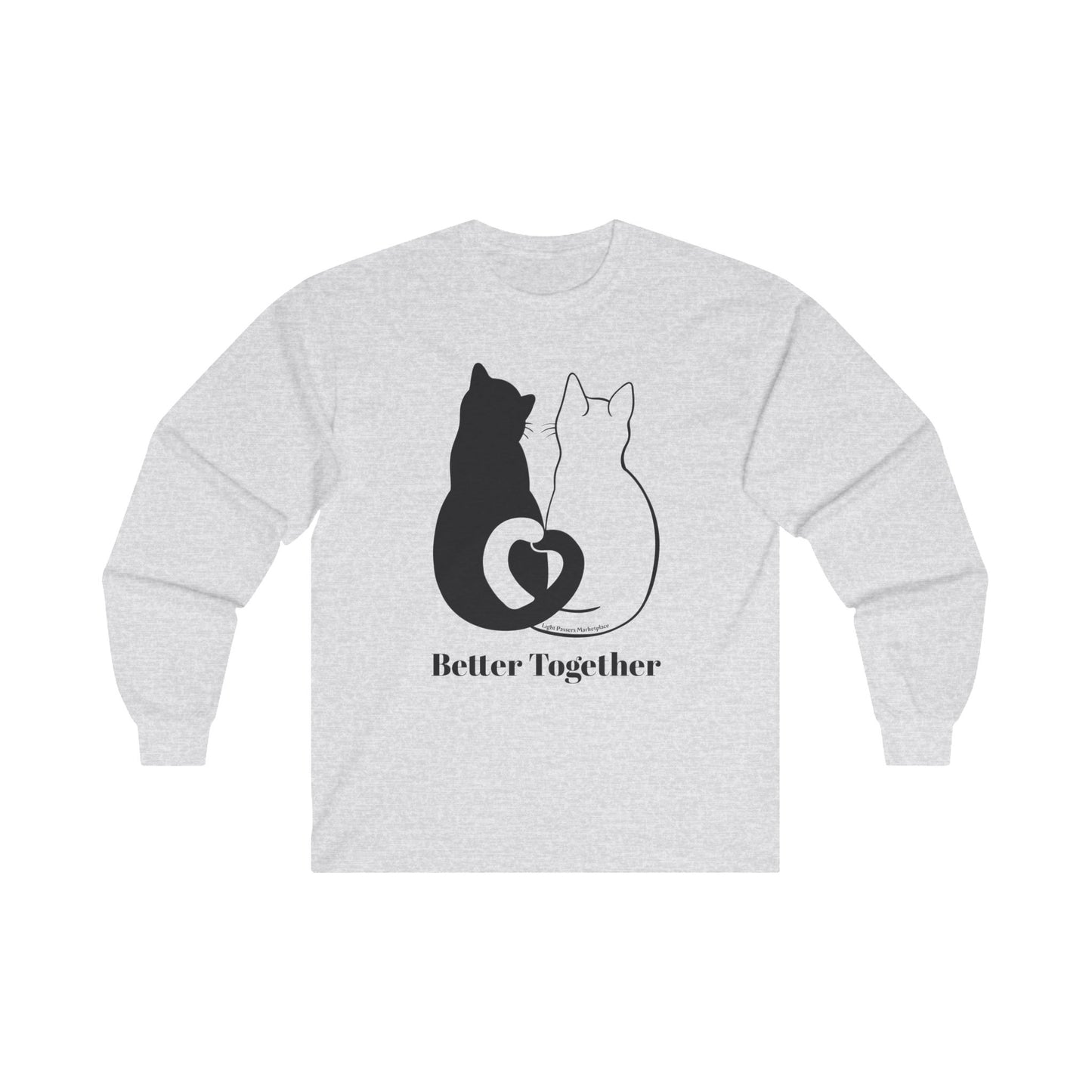 Love and Peace 2 Cat Love Tails Long Sleeve featuring black and white cat silhouettes on a white shirt, ideal for cat lovers and casual wear.
